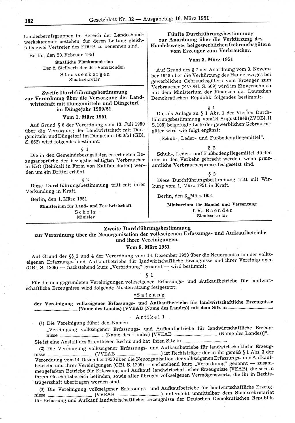 Gesetzblatt (GBl.) der Deutschen Demokratischen Republik (DDR) 1951, Seite 182 (GBl. DDR 1951, S. 182)