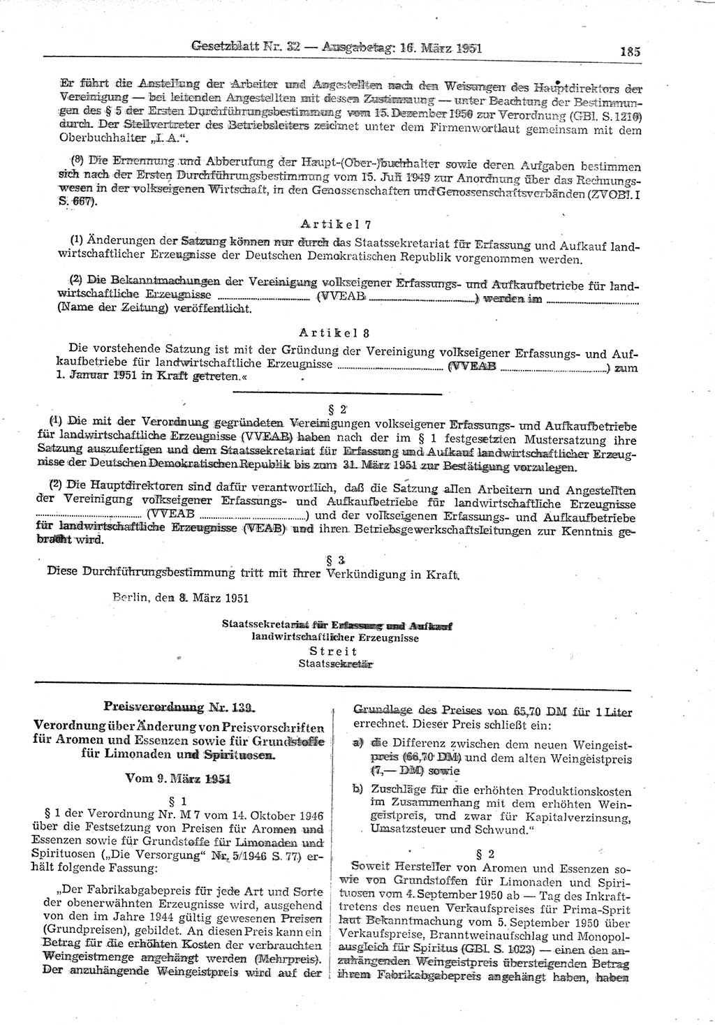 Gesetzblatt (GBl.) der Deutschen Demokratischen Republik (DDR) 1951, Seite 185 (GBl. DDR 1951, S. 185)