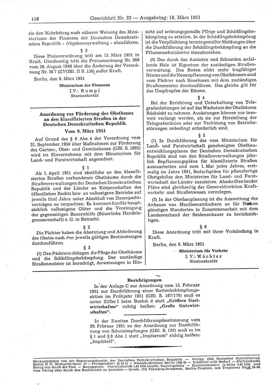 Gesetzblatt (GBl.) der Deutschen Demokratischen Republik (DDR) 1951, Seite 186 (GBl. DDR 1951, S. 186)