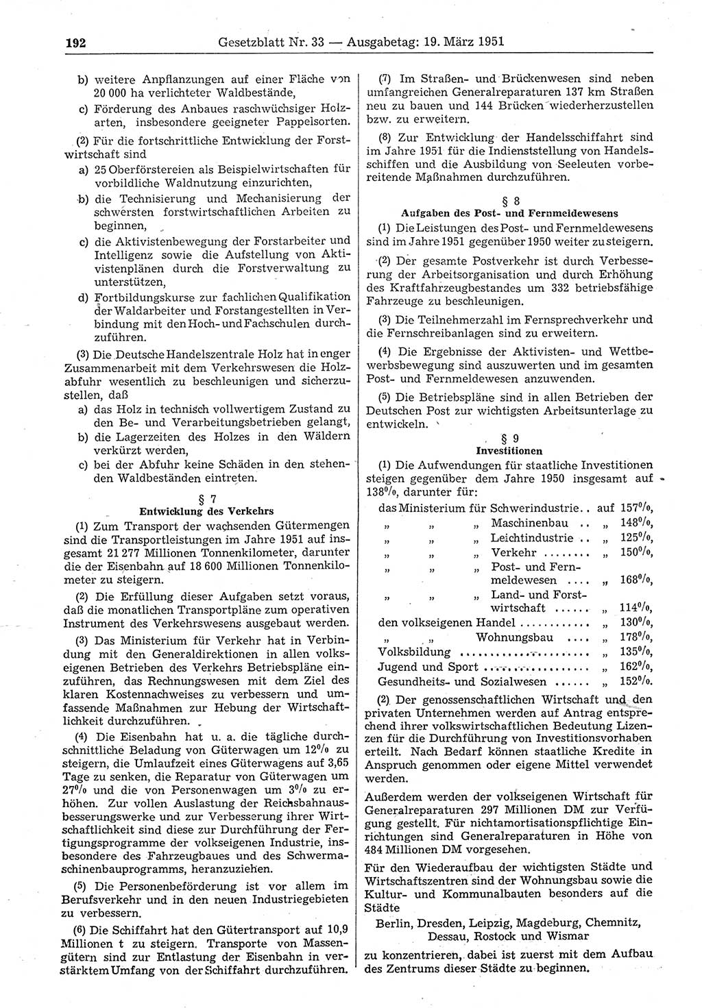 Gesetzblatt (GBl.) der Deutschen Demokratischen Republik (DDR) 1951, Seite 192 (GBl. DDR 1951, S. 192)