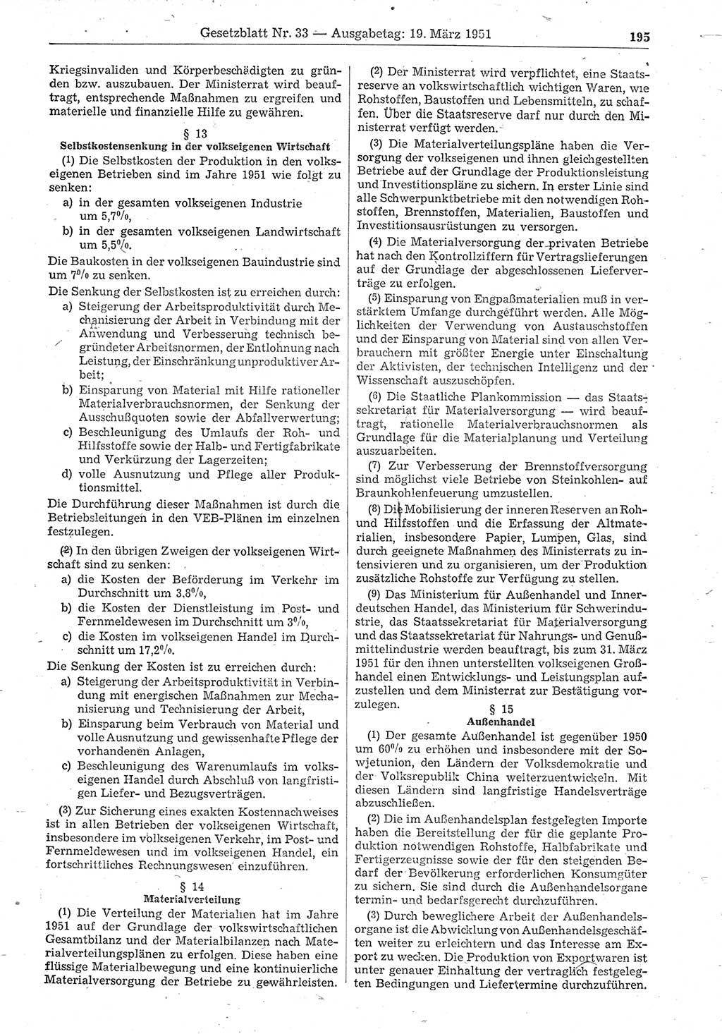 Gesetzblatt (GBl.) der Deutschen Demokratischen Republik (DDR) 1951, Seite 195 (GBl. DDR 1951, S. 195)