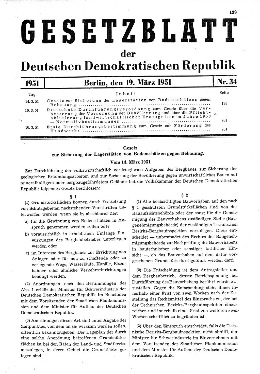 Gesetzblatt (GBl.) der Deutschen Demokratischen Republik (DDR) 1951, Seite 199 (GBl. DDR 1951, S. 199)