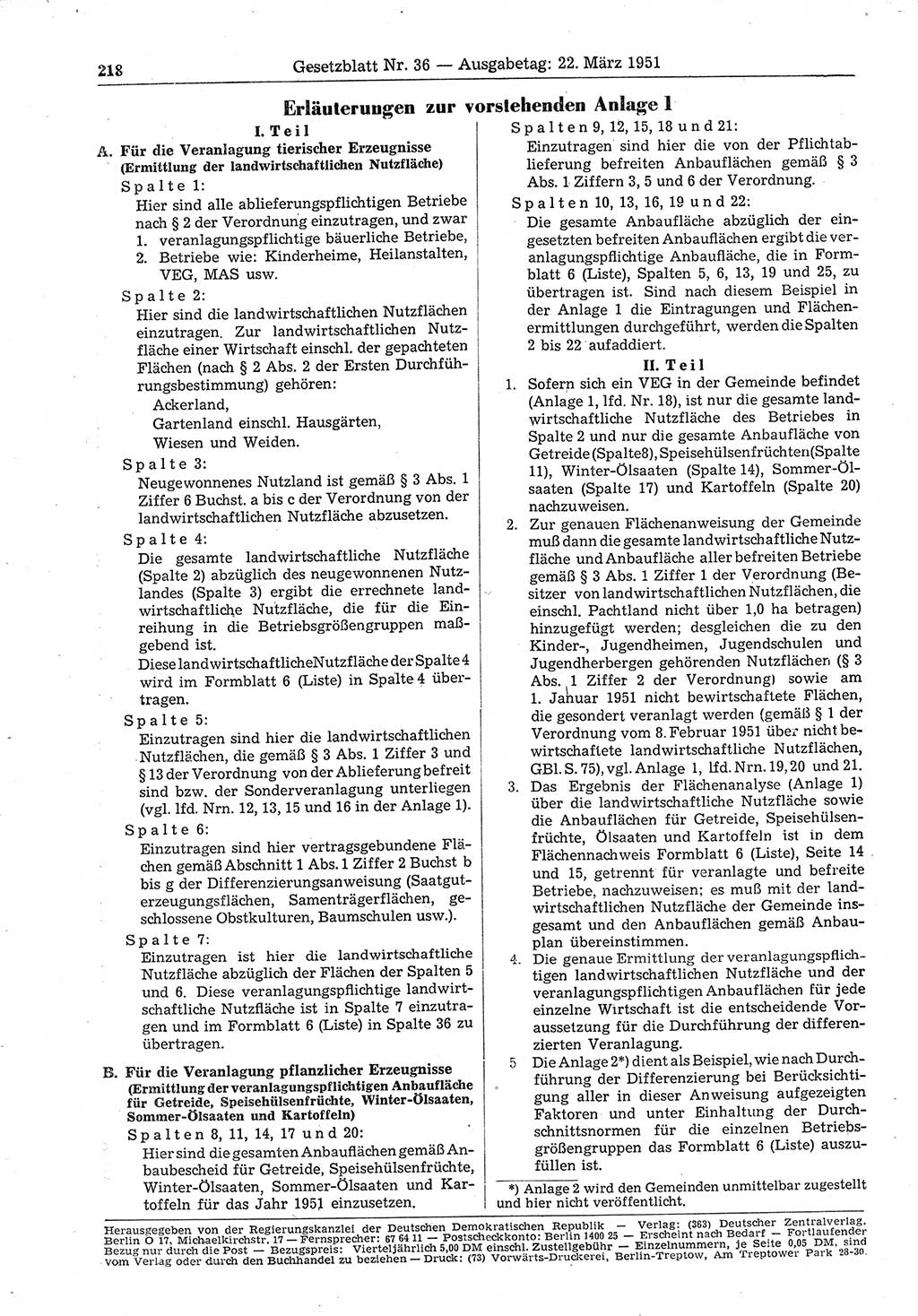 Gesetzblatt (GBl.) der Deutschen Demokratischen Republik (DDR) 1951, Seite 218 (GBl. DDR 1951, S. 218)