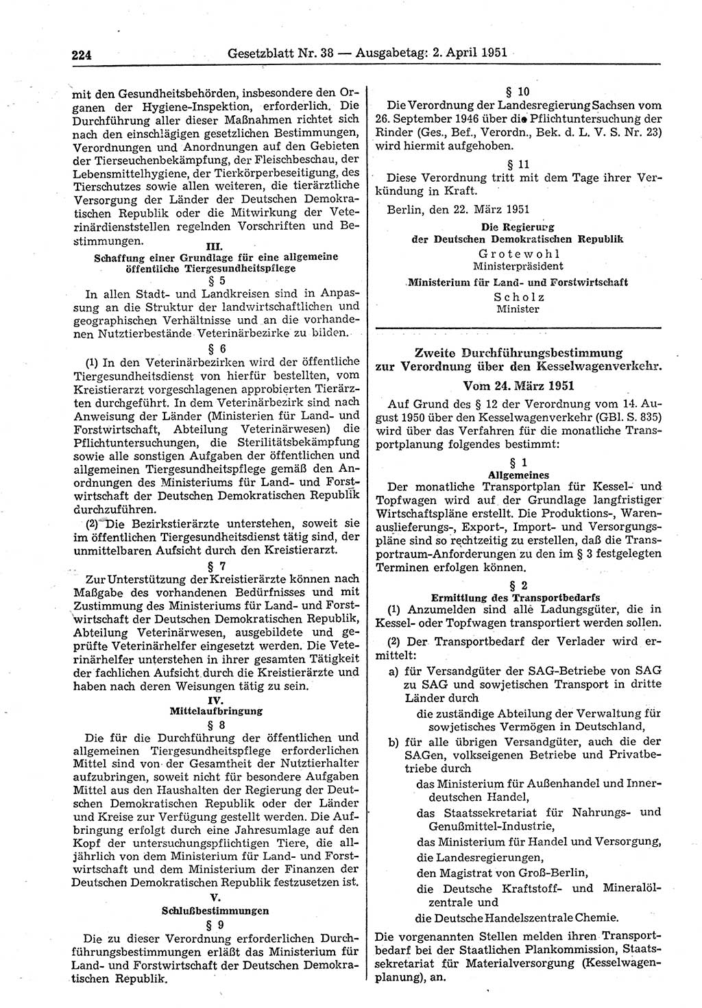 Gesetzblatt (GBl.) der Deutschen Demokratischen Republik (DDR) 1951, Seite 224 (GBl. DDR 1951, S. 224)