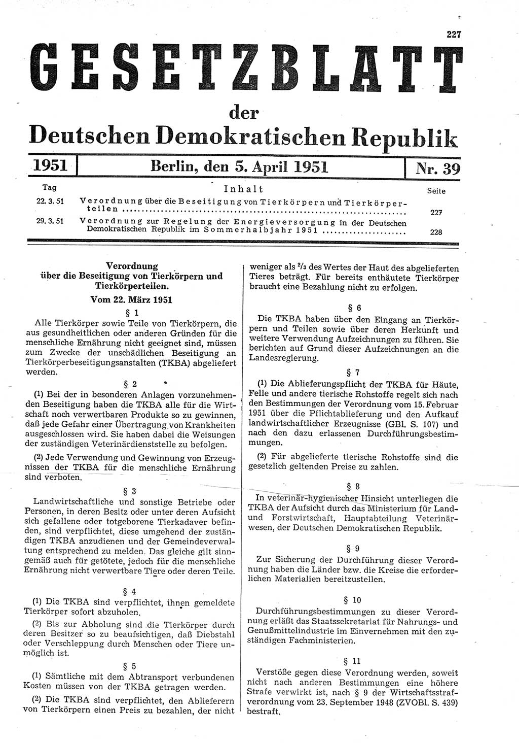 Gesetzblatt (GBl.) der Deutschen Demokratischen Republik (DDR) 1951, Seite 227 (GBl. DDR 1951, S. 227)