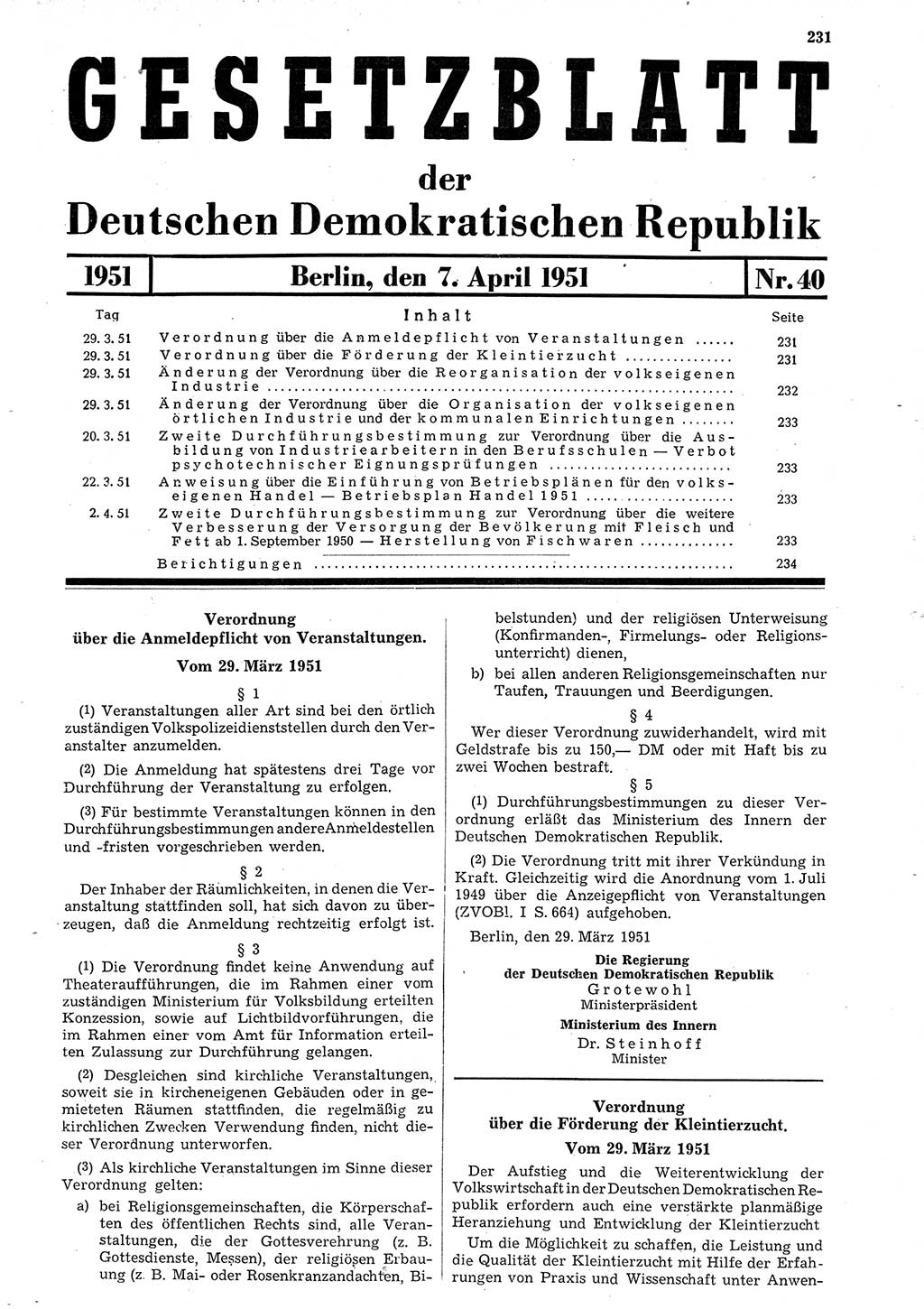 Gesetzblatt (GBl.) der Deutschen Demokratischen Republik (DDR) 1951, Seite 231 (GBl. DDR 1951, S. 231)