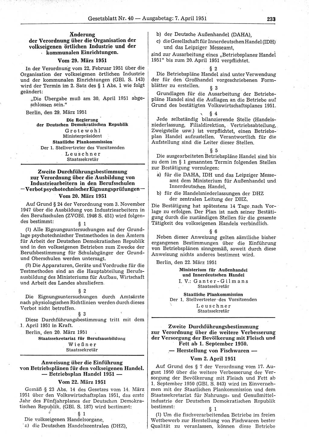 Gesetzblatt (GBl.) der Deutschen Demokratischen Republik (DDR) 1951, Seite 233 (GBl. DDR 1951, S. 233)