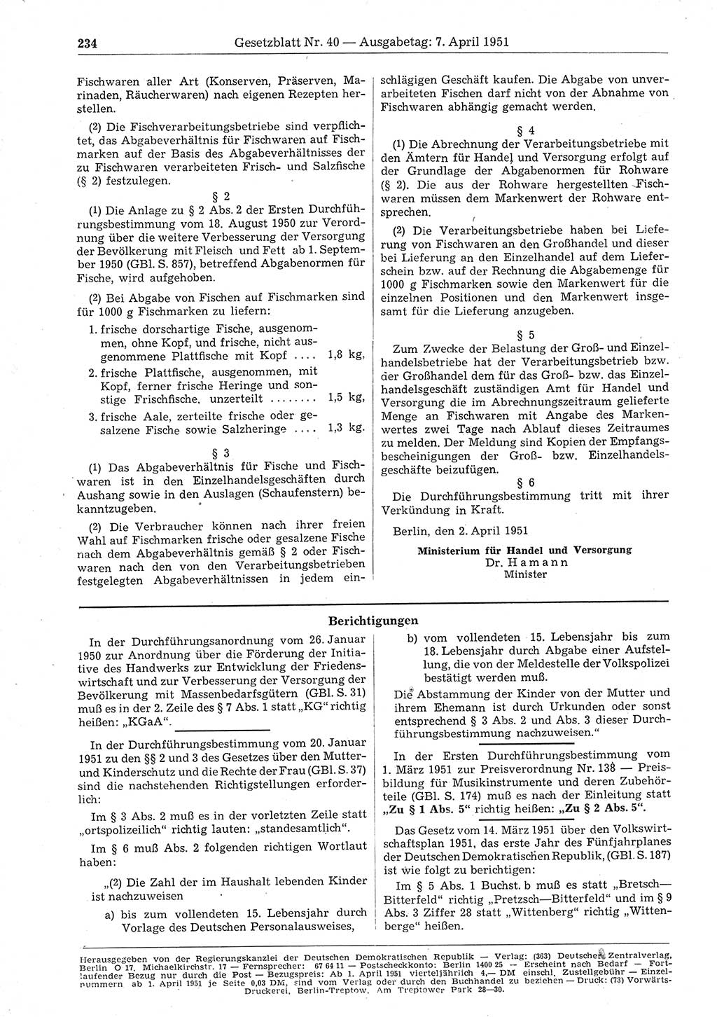 Gesetzblatt (GBl.) der Deutschen Demokratischen Republik (DDR) 1951, Seite 234 (GBl. DDR 1951, S. 234)