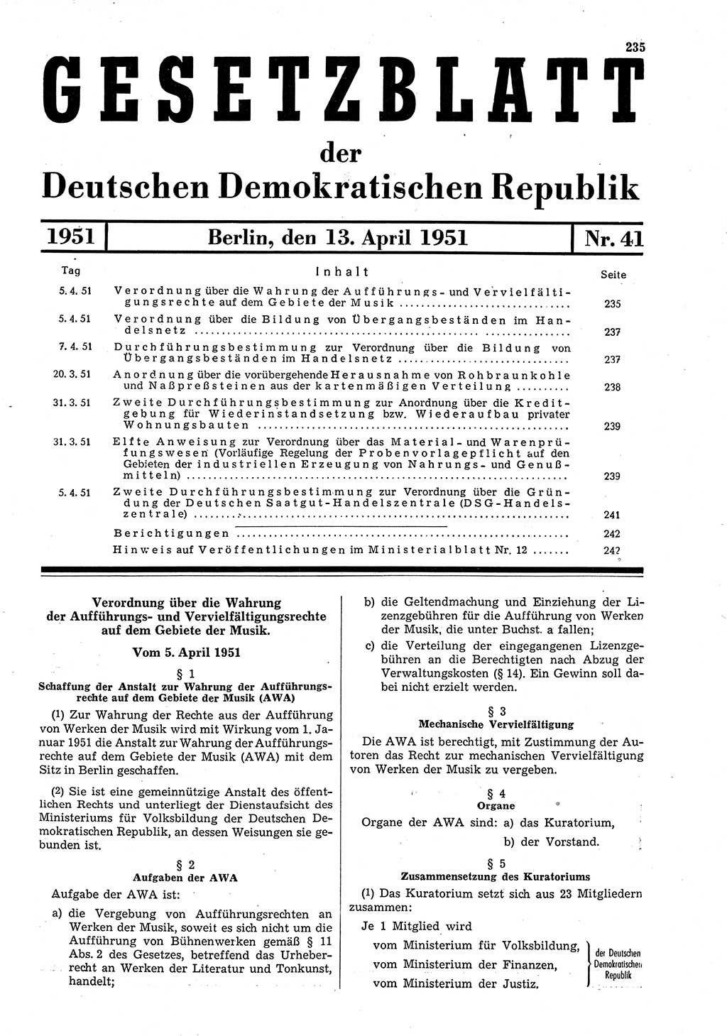 Gesetzblatt (GBl.) der Deutschen Demokratischen Republik (DDR) 1951, Seite 235 (GBl. DDR 1951, S. 235)