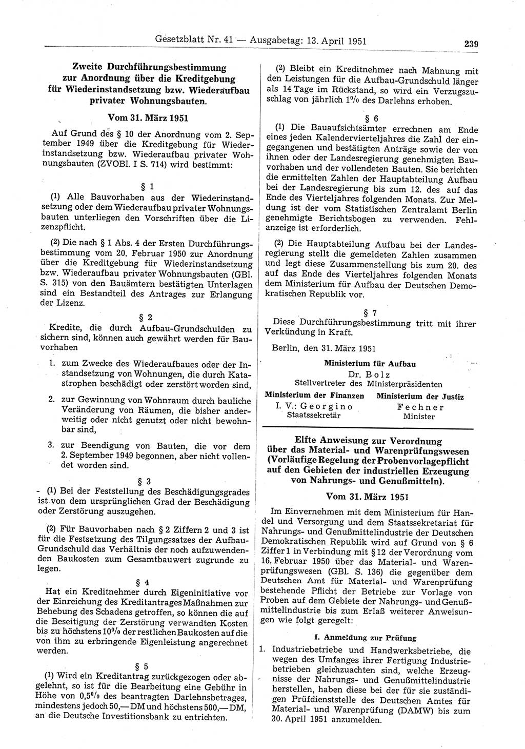 Gesetzblatt (GBl.) der Deutschen Demokratischen Republik (DDR) 1951, Seite 239 (GBl. DDR 1951, S. 239)