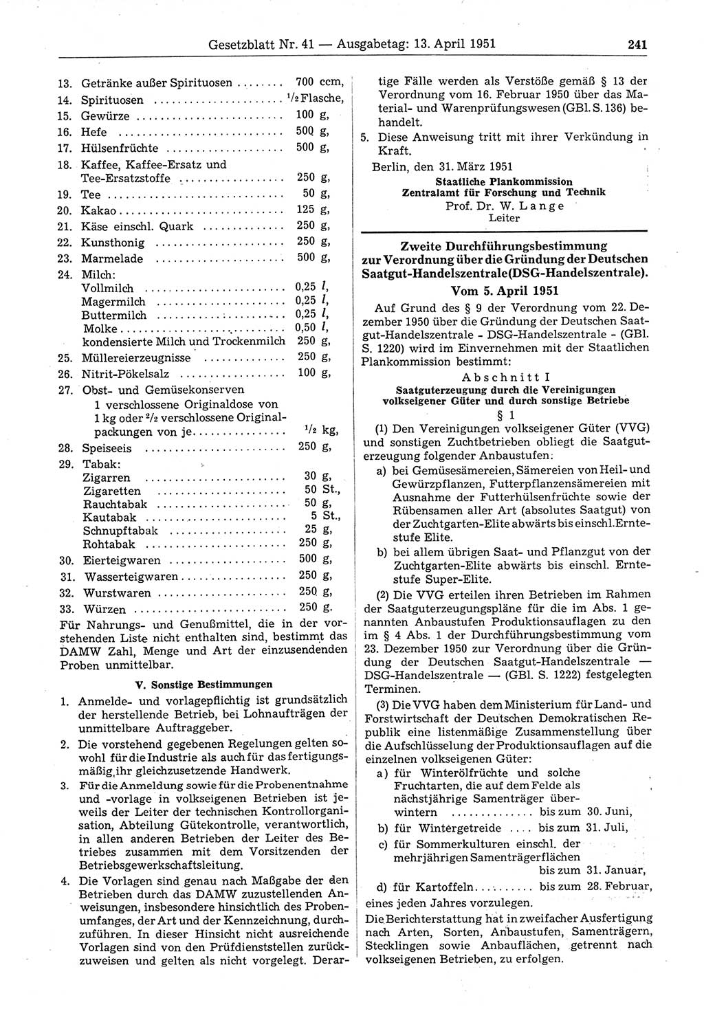 Gesetzblatt (GBl.) der Deutschen Demokratischen Republik (DDR) 1951, Seite 241 (GBl. DDR 1951, S. 241)