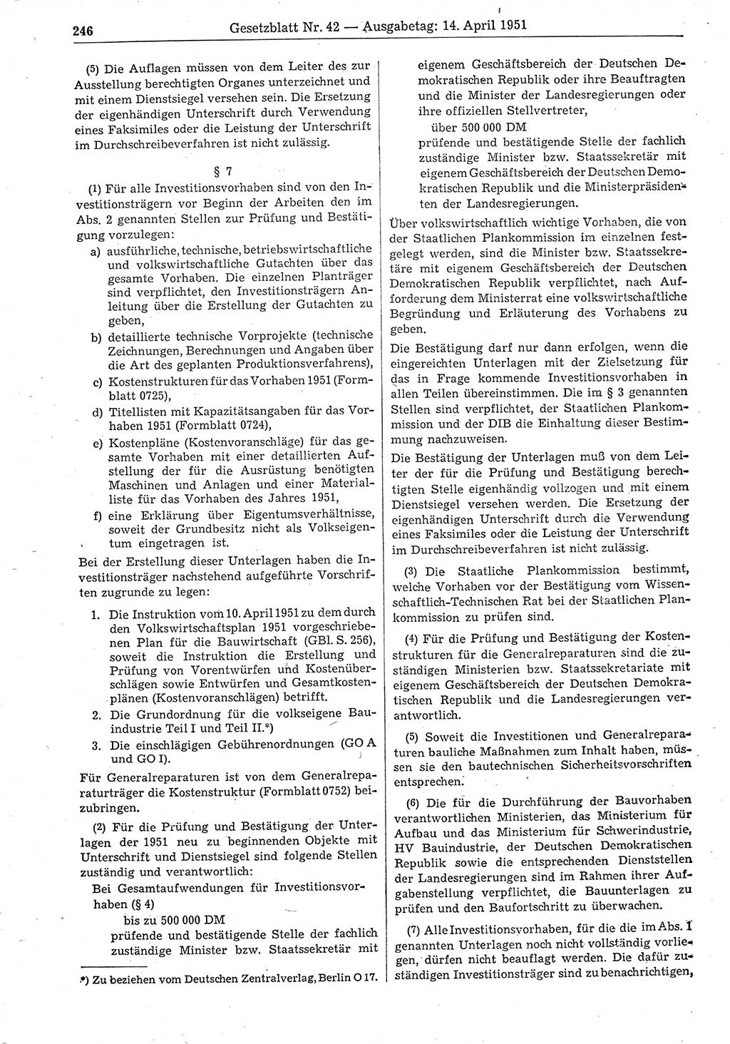 Gesetzblatt (GBl.) der Deutschen Demokratischen Republik (DDR) 1951, Seite 246 (GBl. DDR 1951, S. 246)