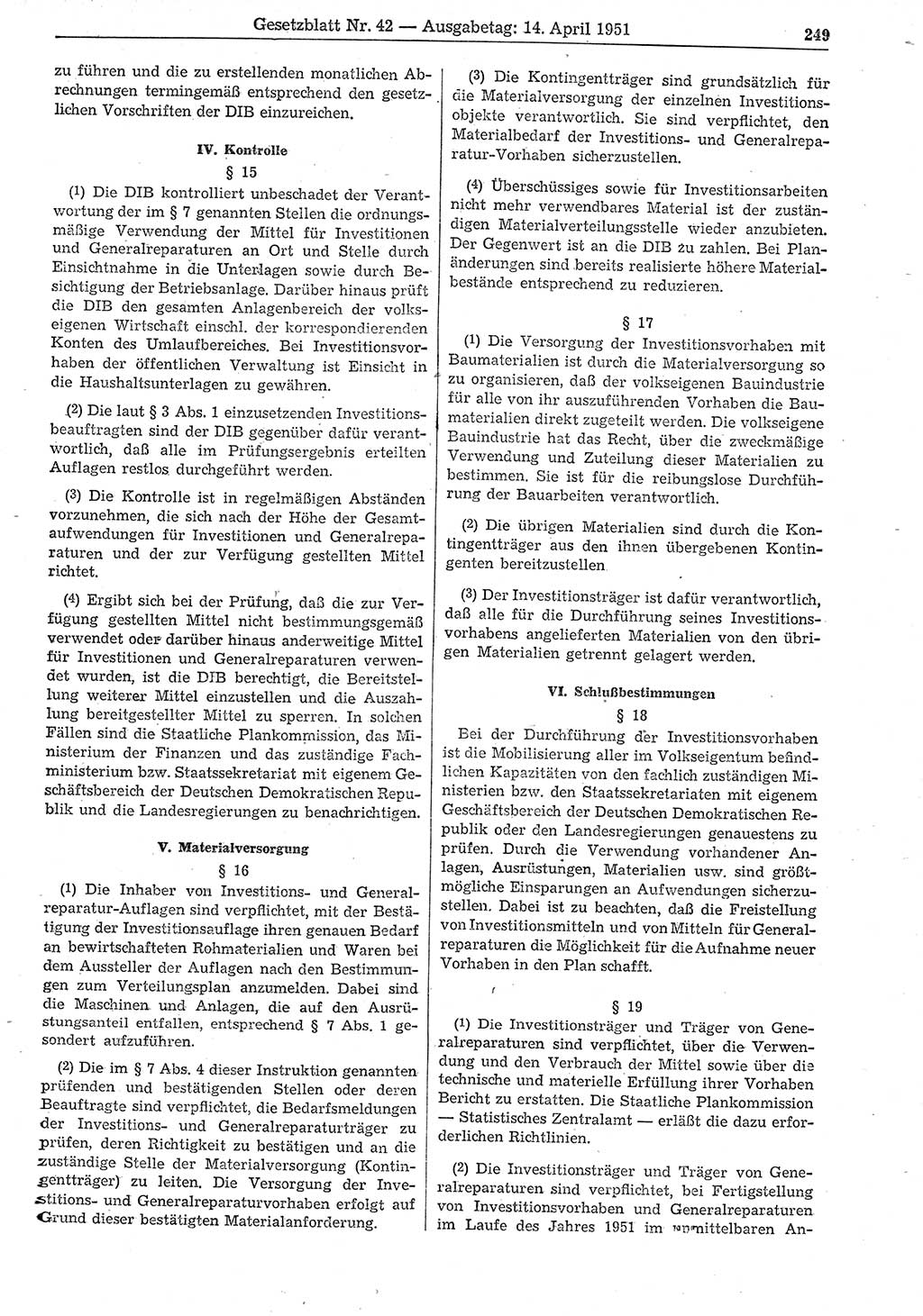 Gesetzblatt (GBl.) der Deutschen Demokratischen Republik (DDR) 1951, Seite 249 (GBl. DDR 1951, S. 249)