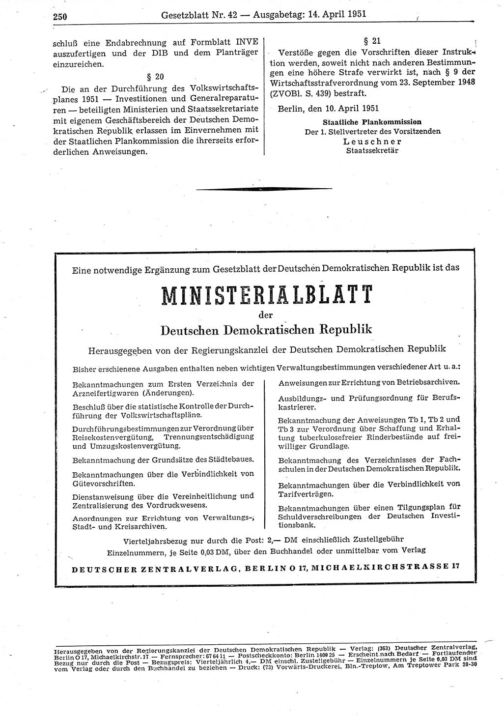 Gesetzblatt (GBl.) der Deutschen Demokratischen Republik (DDR) 1951, Seite 250 (GBl. DDR 1951, S. 250)
