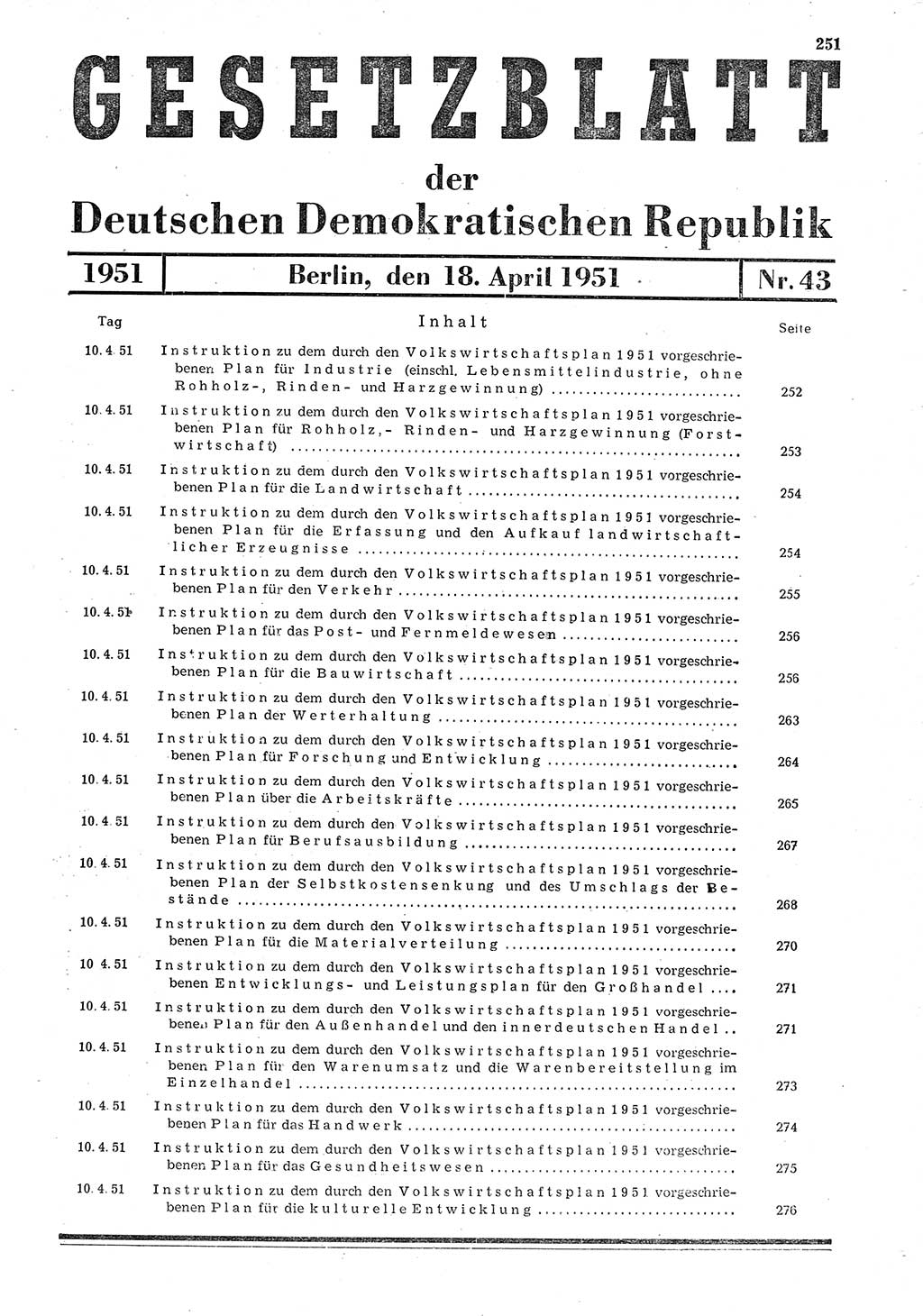 Gesetzblatt (GBl.) der Deutschen Demokratischen Republik (DDR) 1951, Seite 251 (GBl. DDR 1951, S. 251)