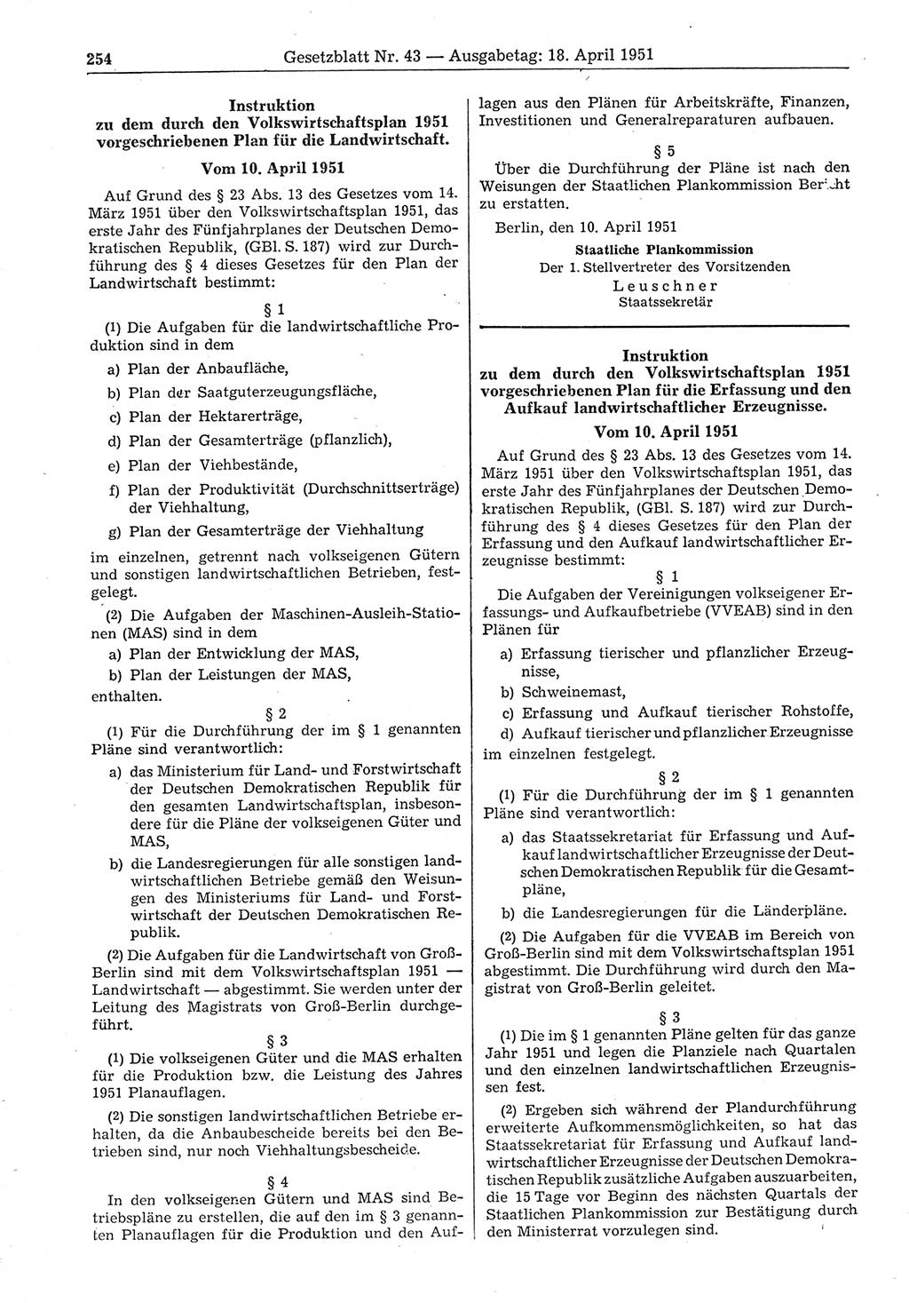 Gesetzblatt (GBl.) der Deutschen Demokratischen Republik (DDR) 1951, Seite 254 (GBl. DDR 1951, S. 254)