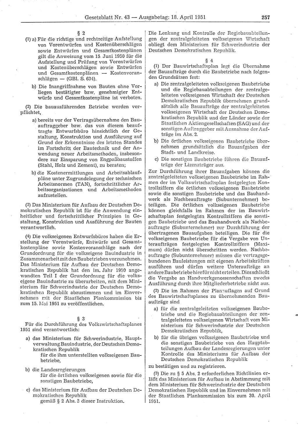 Gesetzblatt (GBl.) der Deutschen Demokratischen Republik (DDR) 1951, Seite 257 (GBl. DDR 1951, S. 257)