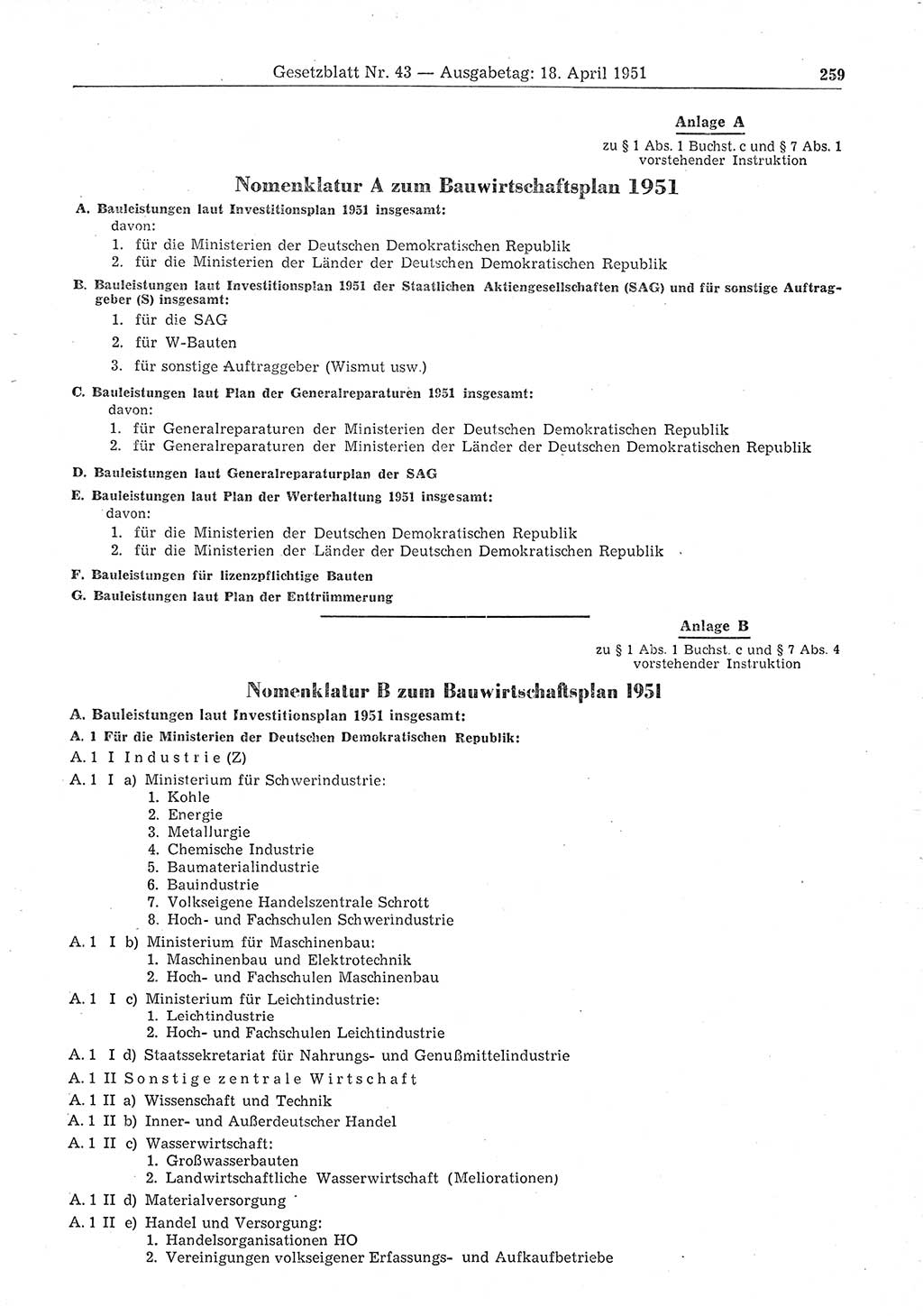 Gesetzblatt (GBl.) der Deutschen Demokratischen Republik (DDR) 1951, Seite 259 (GBl. DDR 1951, S. 259)