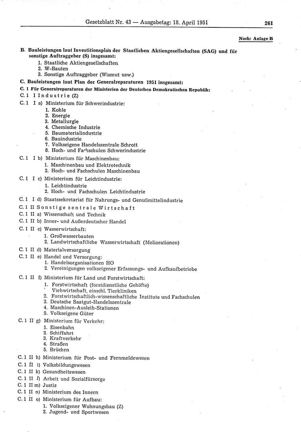 Gesetzblatt (GBl.) der Deutschen Demokratischen Republik (DDR) 1951, Seite 261 (GBl. DDR 1951, S. 261)