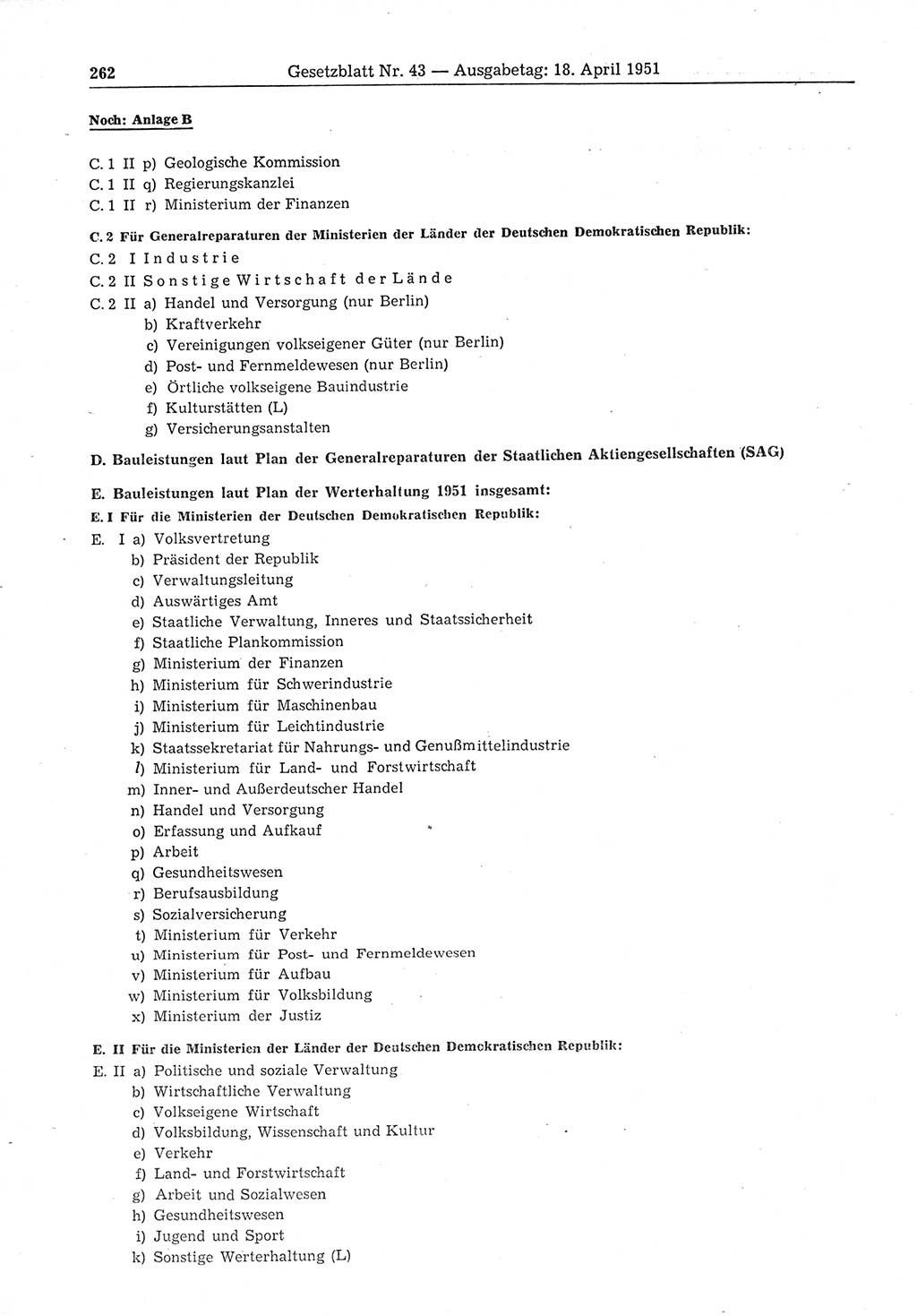 Gesetzblatt (GBl.) der Deutschen Demokratischen Republik (DDR) 1951, Seite 262 (GBl. DDR 1951, S. 262)