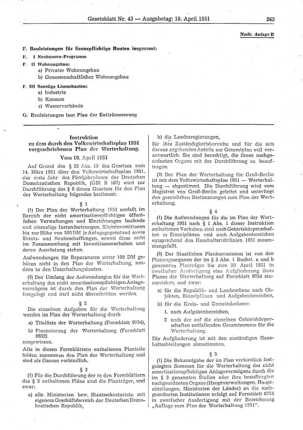 Gesetzblatt (GBl.) der Deutschen Demokratischen Republik (DDR) 1951, Seite 263 (GBl. DDR 1951, S. 263)