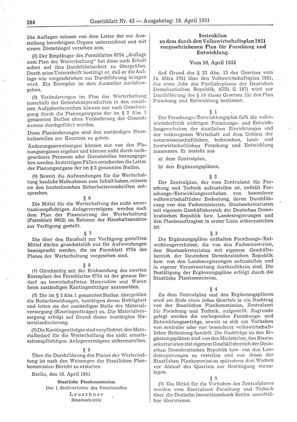 Gesetzblatt (GBl.) der Deutschen Demokratischen Republik (DDR) 1951, Seite 264 (GBl. DDR 1951, S. 264)