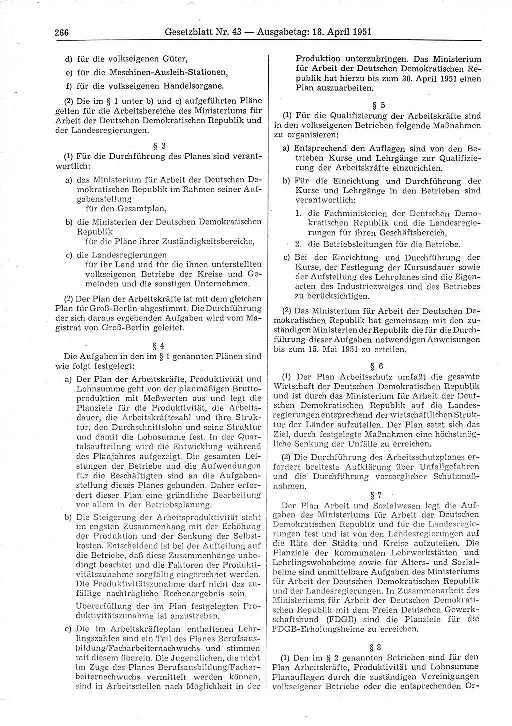 Gesetzblatt (GBl.) der Deutschen Demokratischen Republik (DDR) 1951, Seite 266 (GBl. DDR 1951, S. 266)