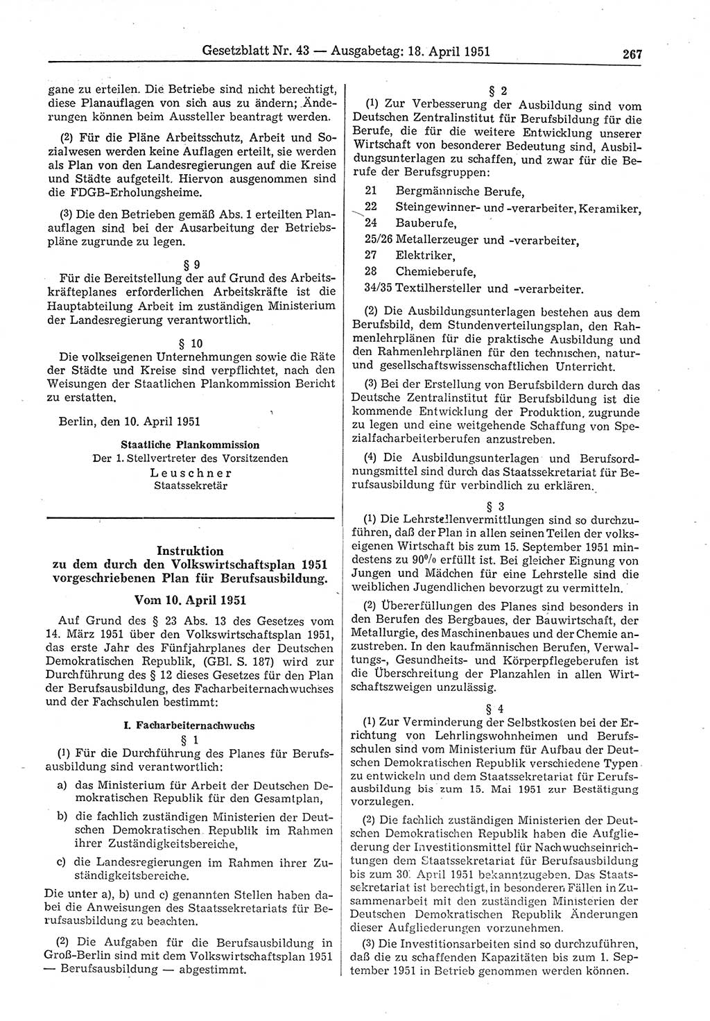 Gesetzblatt (GBl.) der Deutschen Demokratischen Republik (DDR) 1951, Seite 267 (GBl. DDR 1951, S. 267)