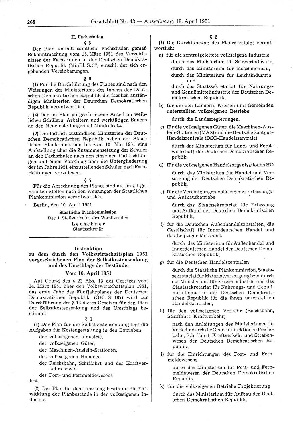 Gesetzblatt (GBl.) der Deutschen Demokratischen Republik (DDR) 1951, Seite 268 (GBl. DDR 1951, S. 268)