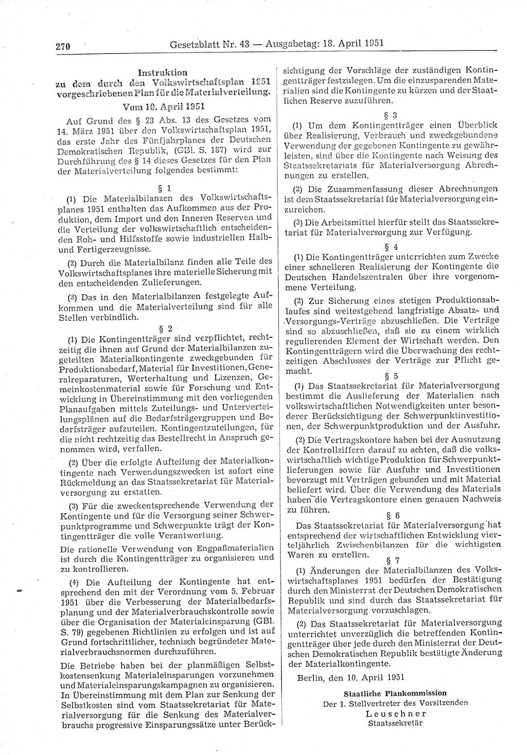 Gesetzblatt (GBl.) der Deutschen Demokratischen Republik (DDR) 1951, Seite 270 (GBl. DDR 1951, S. 270)