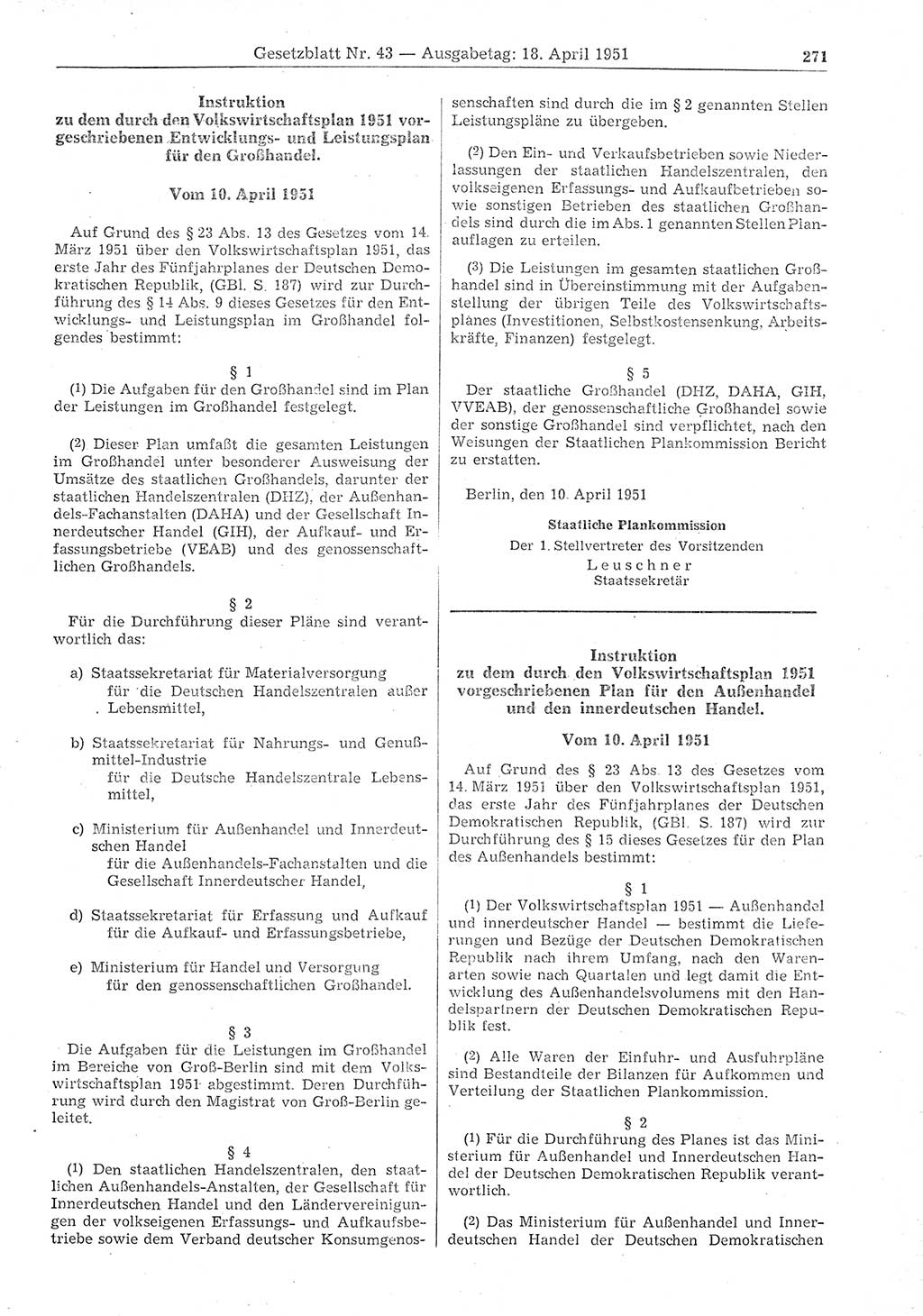 Gesetzblatt (GBl.) der Deutschen Demokratischen Republik (DDR) 1951, Seite 271 (GBl. DDR 1951, S. 271)