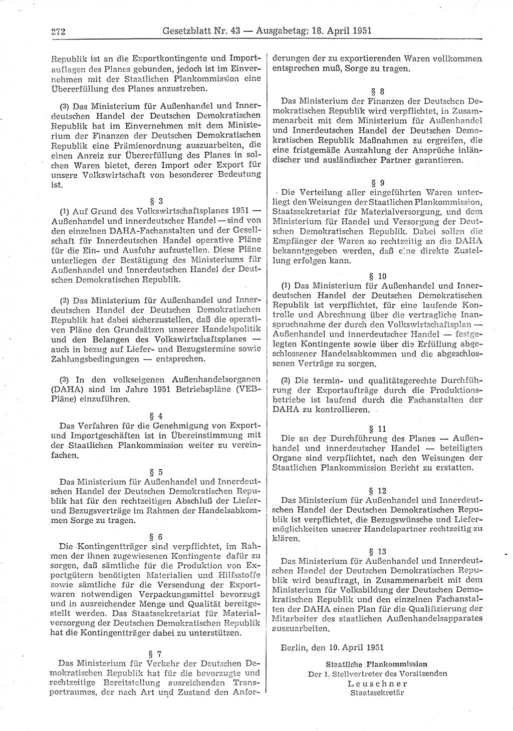 Gesetzblatt (GBl.) der Deutschen Demokratischen Republik (DDR) 1951, Seite 272 (GBl. DDR 1951, S. 272)