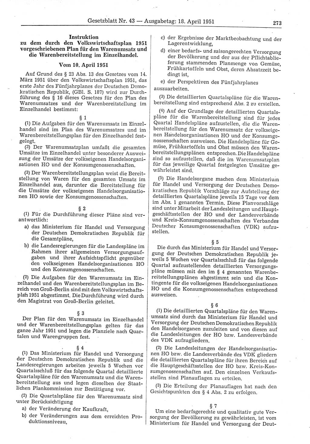 Gesetzblatt (GBl.) der Deutschen Demokratischen Republik (DDR) 1951, Seite 273 (GBl. DDR 1951, S. 273)