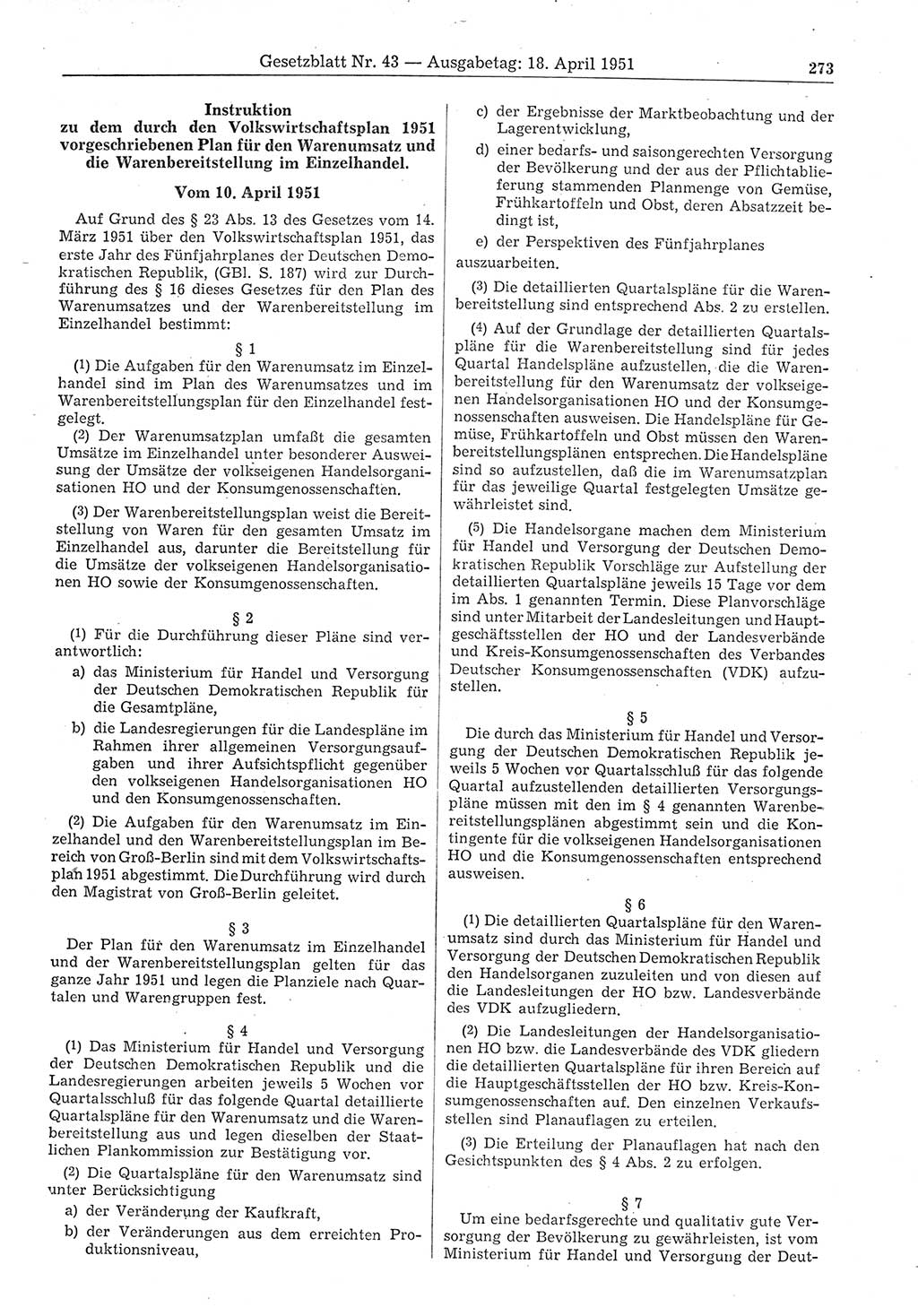 Gesetzblatt (GBl.) der Deutschen Demokratischen Republik (DDR) 1951, Seite 273 (GBl. DDR 1951, S. 273)
