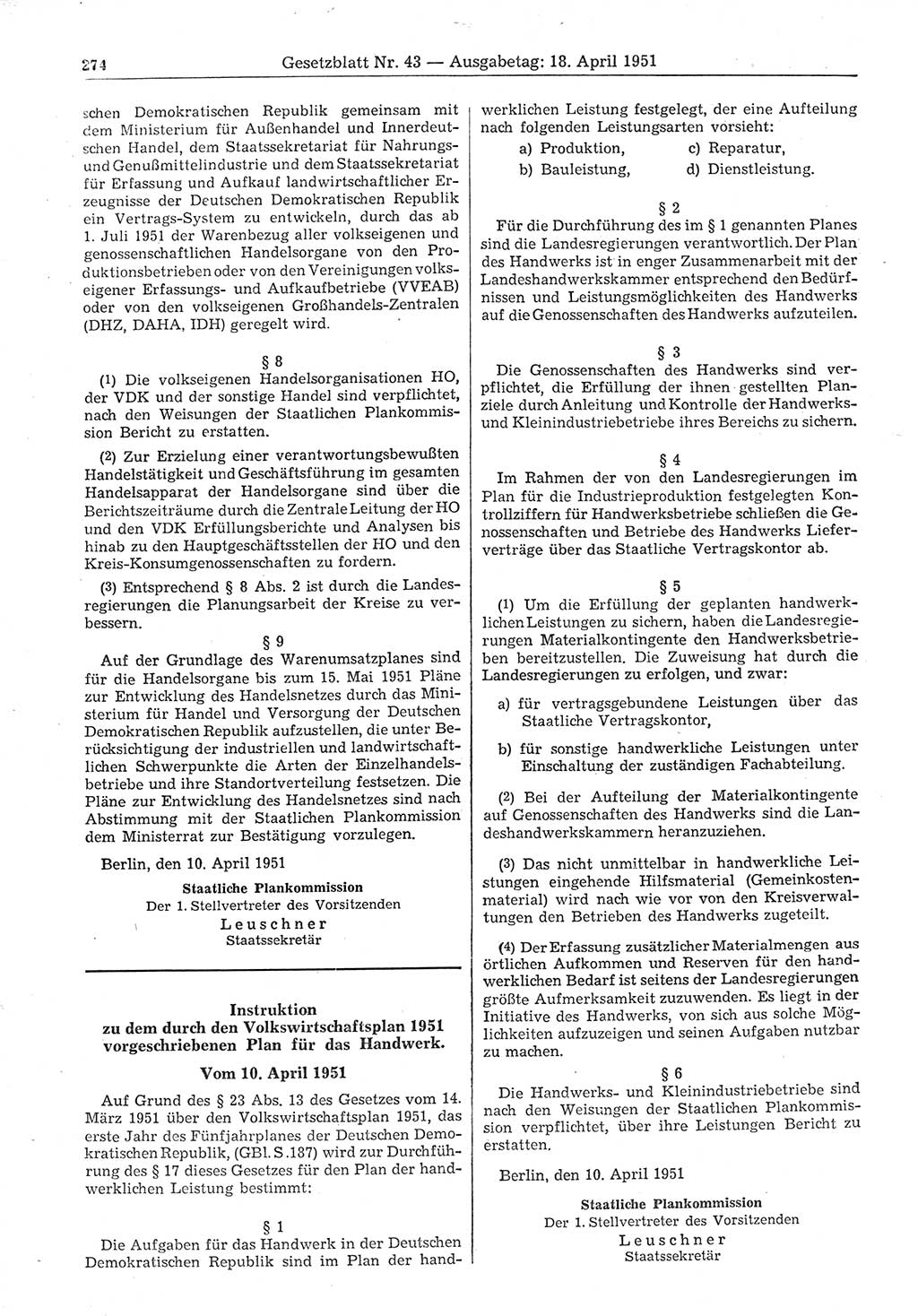 Gesetzblatt (GBl.) der Deutschen Demokratischen Republik (DDR) 1951, Seite 274 (GBl. DDR 1951, S. 274)