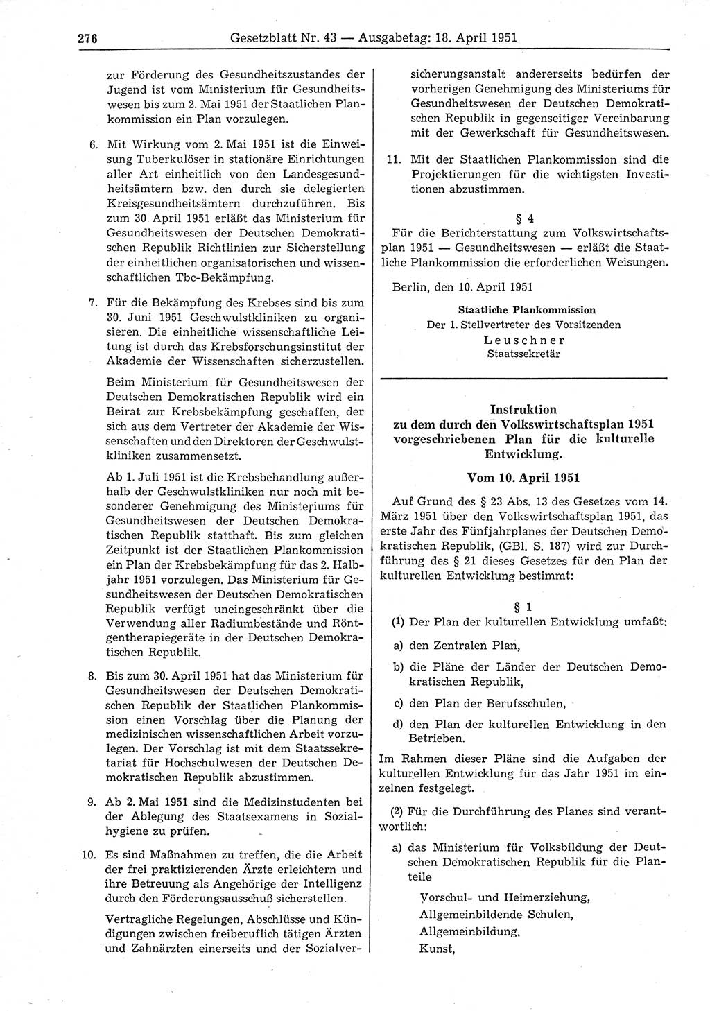 Gesetzblatt (GBl.) der Deutschen Demokratischen Republik (DDR) 1951, Seite 276 (GBl. DDR 1951, S. 276)