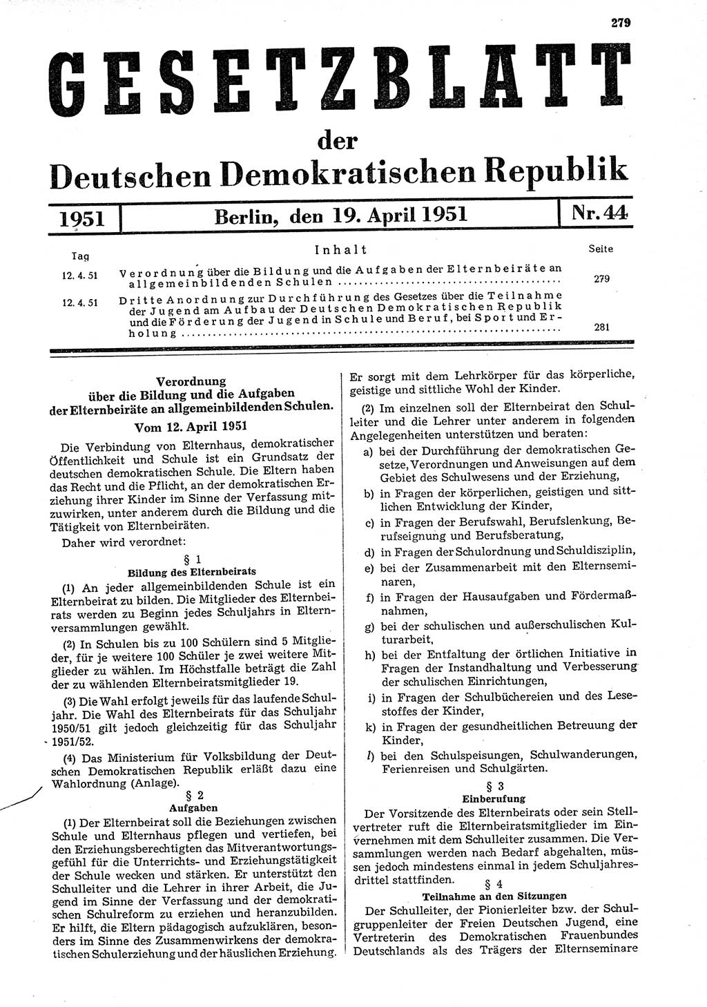 Gesetzblatt (GBl.) der Deutschen Demokratischen Republik (DDR) 1951, Seite 279 (GBl. DDR 1951, S. 279)