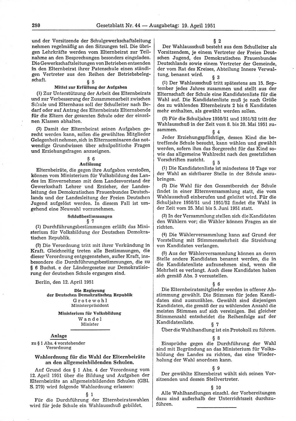 Gesetzblatt (GBl.) der Deutschen Demokratischen Republik (DDR) 1951, Seite 280 (GBl. DDR 1951, S. 280)