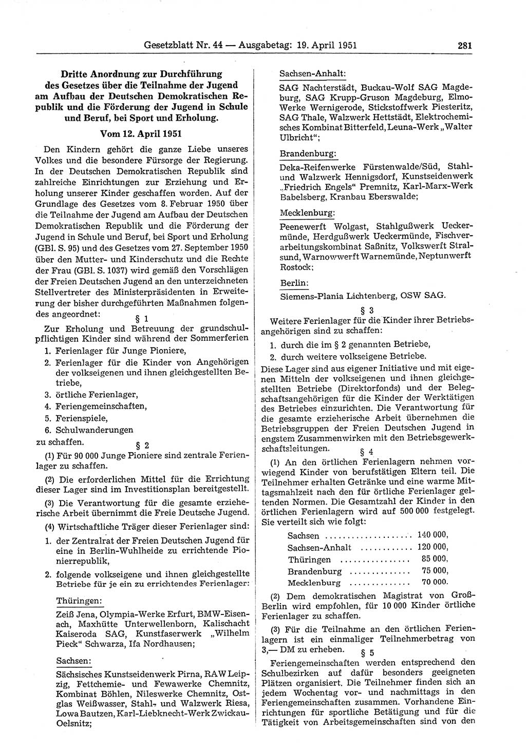 Gesetzblatt (GBl.) der Deutschen Demokratischen Republik (DDR) 1951, Seite 281 (GBl. DDR 1951, S. 281)