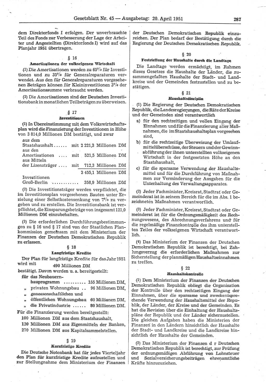 Gesetzblatt (GBl.) der Deutschen Demokratischen Republik (DDR) 1951, Seite 287 (GBl. DDR 1951, S. 287)