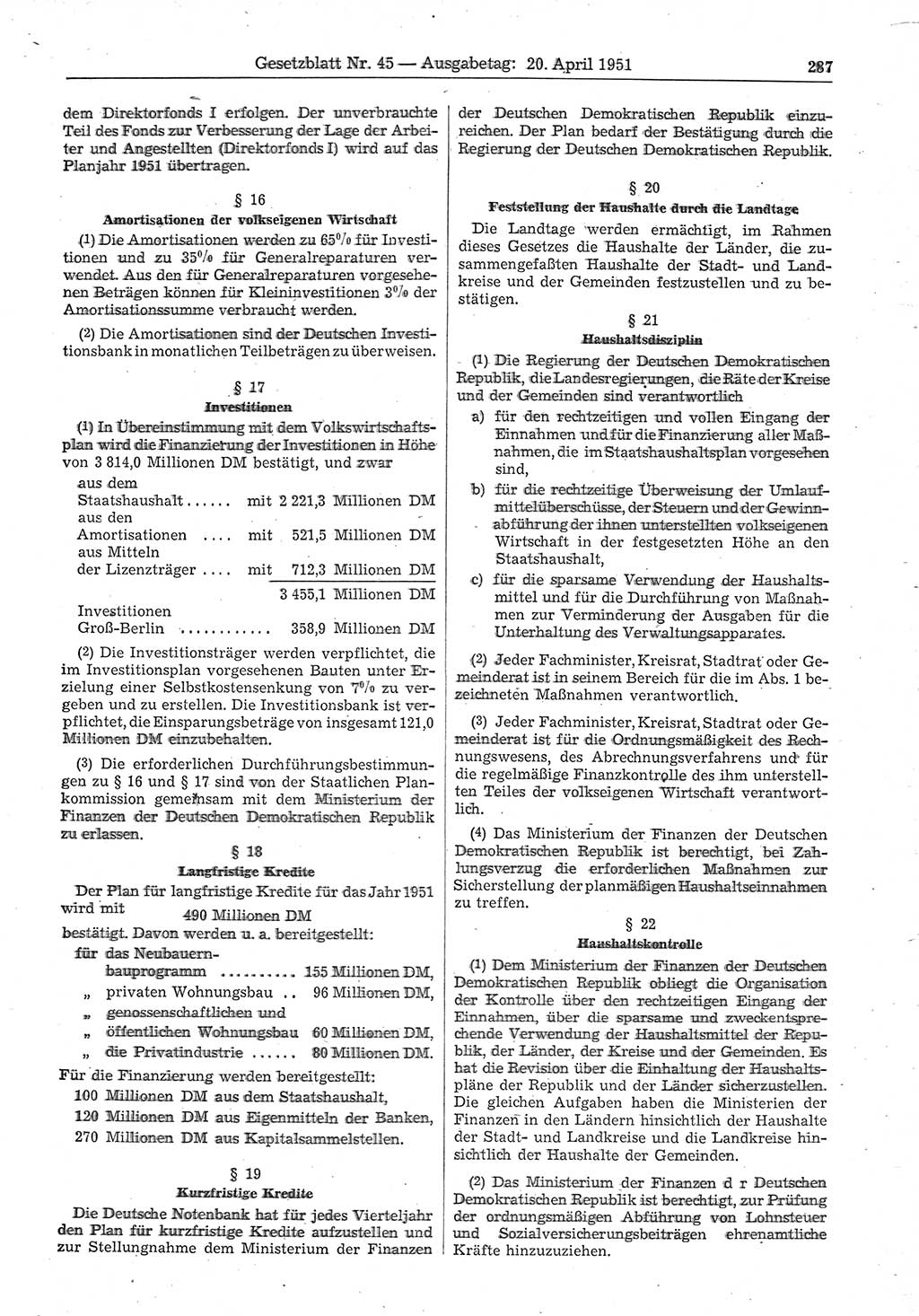 Gesetzblatt (GBl.) der Deutschen Demokratischen Republik (DDR) 1951, Seite 287 (GBl. DDR 1951, S. 287)