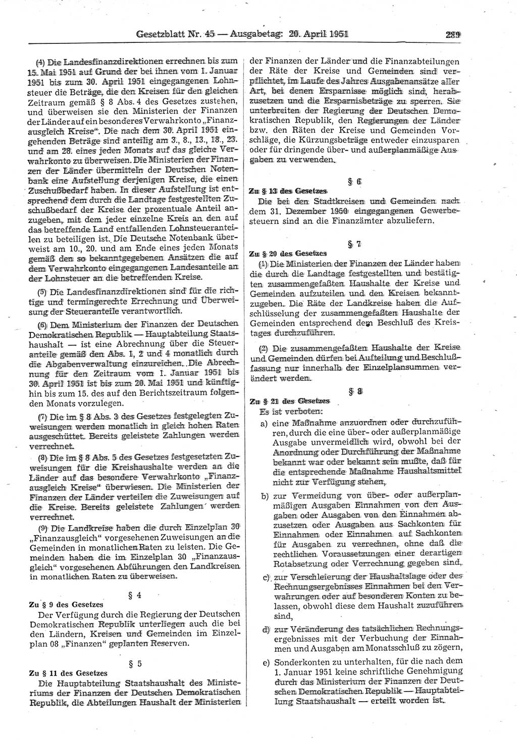 Gesetzblatt (GBl.) der Deutschen Demokratischen Republik (DDR) 1951, Seite 289 (GBl. DDR 1951, S. 289)