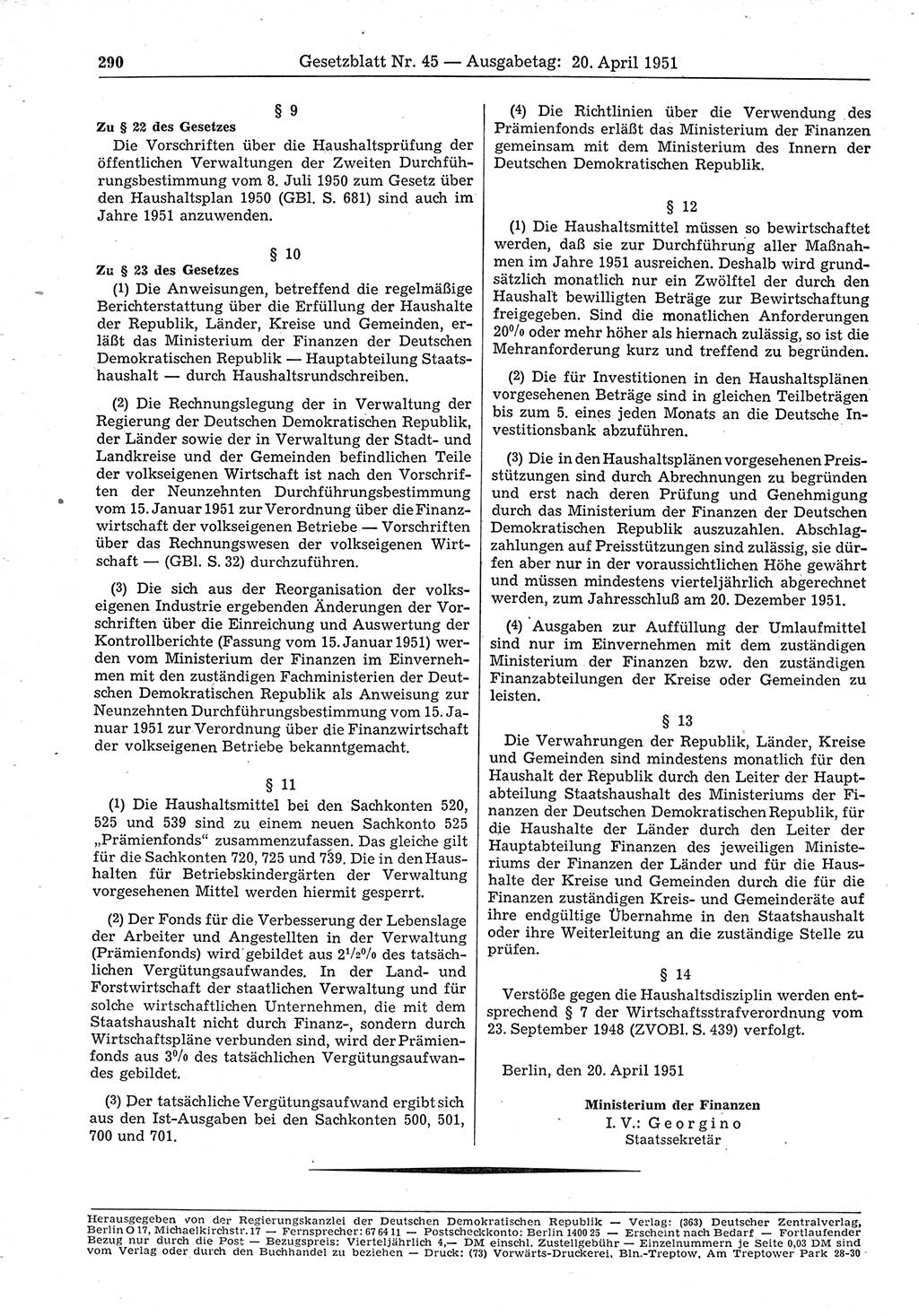 Gesetzblatt (GBl.) der Deutschen Demokratischen Republik (DDR) 1951, Seite 290 (GBl. DDR 1951, S. 290)