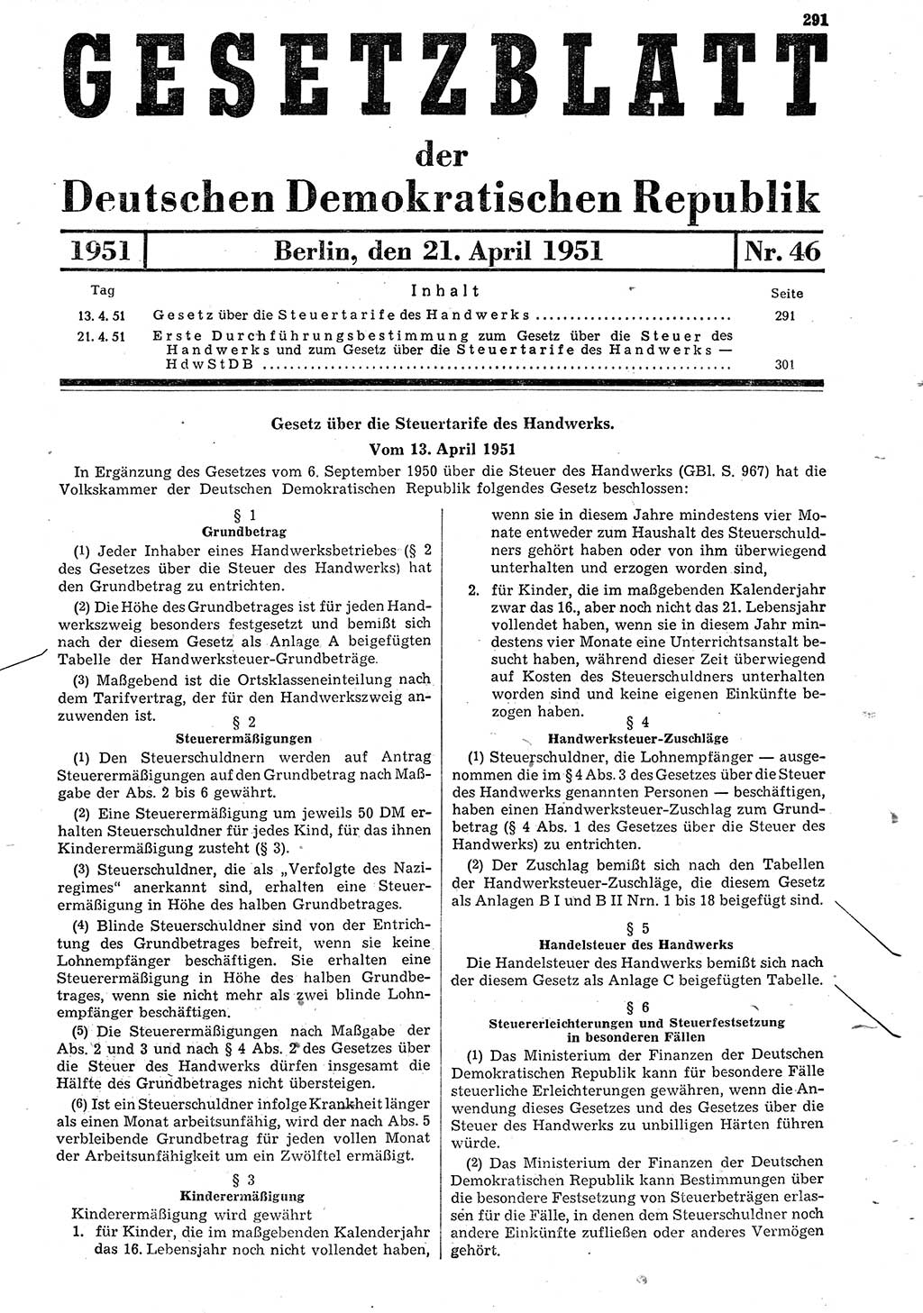Gesetzblatt (GBl.) der Deutschen Demokratischen Republik (DDR) 1951, Seite 291 (GBl. DDR 1951, S. 291)