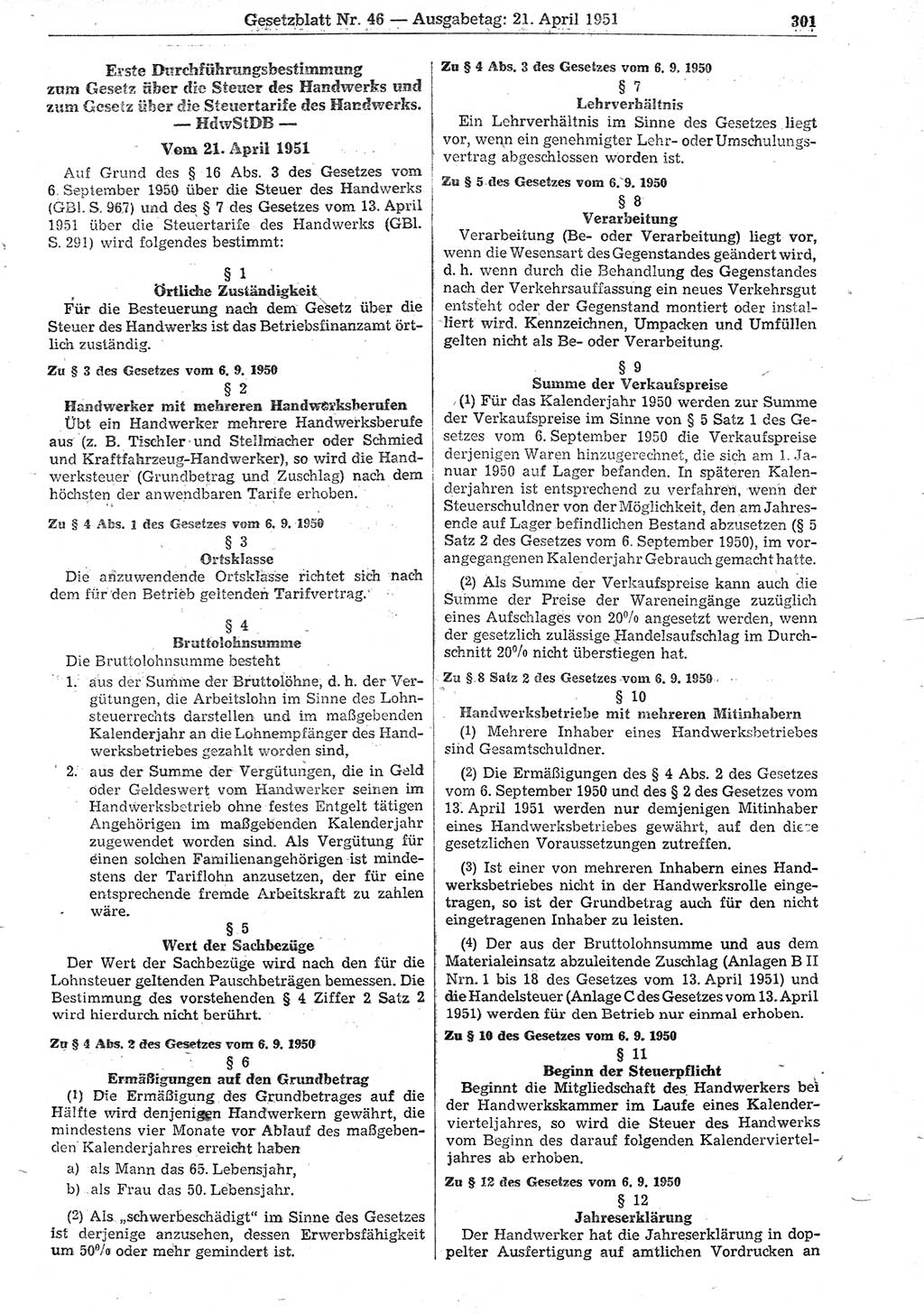 Gesetzblatt (GBl.) der Deutschen Demokratischen Republik (DDR) 1951, Seite 301 (GBl. DDR 1951, S. 301)