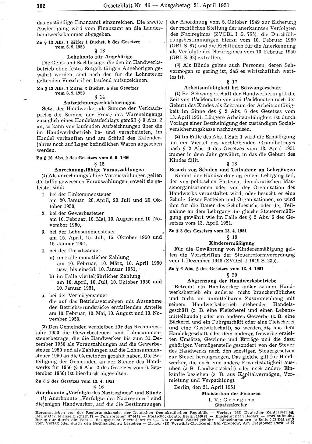 Gesetzblatt (GBl.) der Deutschen Demokratischen Republik (DDR) 1951, Seite 302 (GBl. DDR 1951, S. 302)