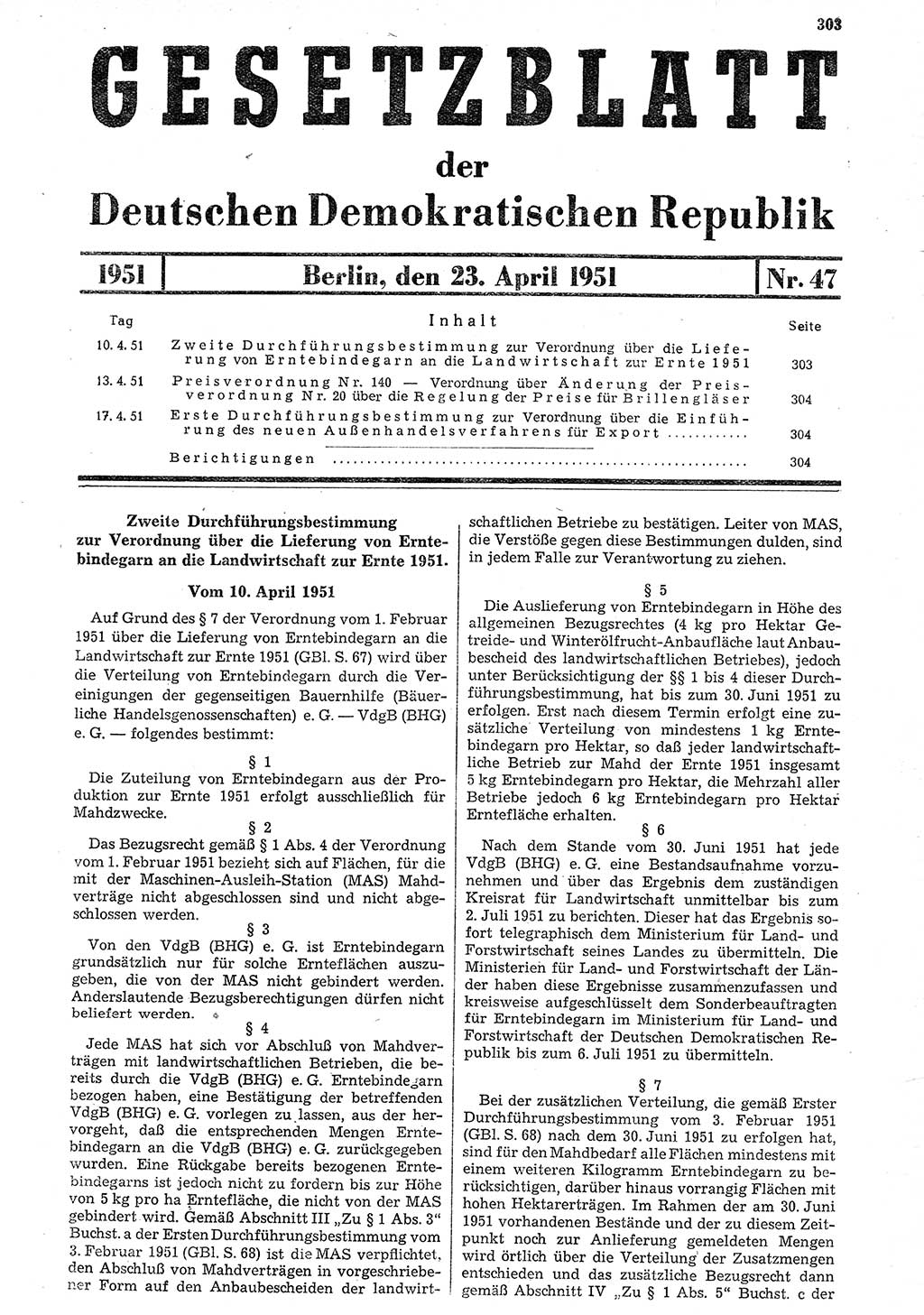 Gesetzblatt (GBl.) der Deutschen Demokratischen Republik (DDR) 1951, Seite 303 (GBl. DDR 1951, S. 303)