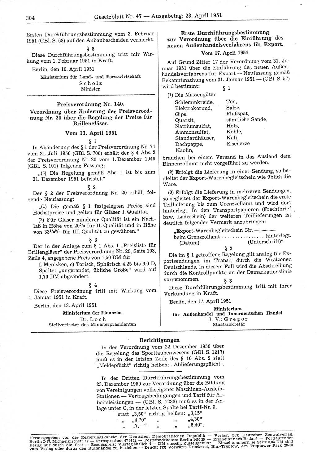 Gesetzblatt (GBl.) der Deutschen Demokratischen Republik (DDR) 1951, Seite 304 (GBl. DDR 1951, S. 304)