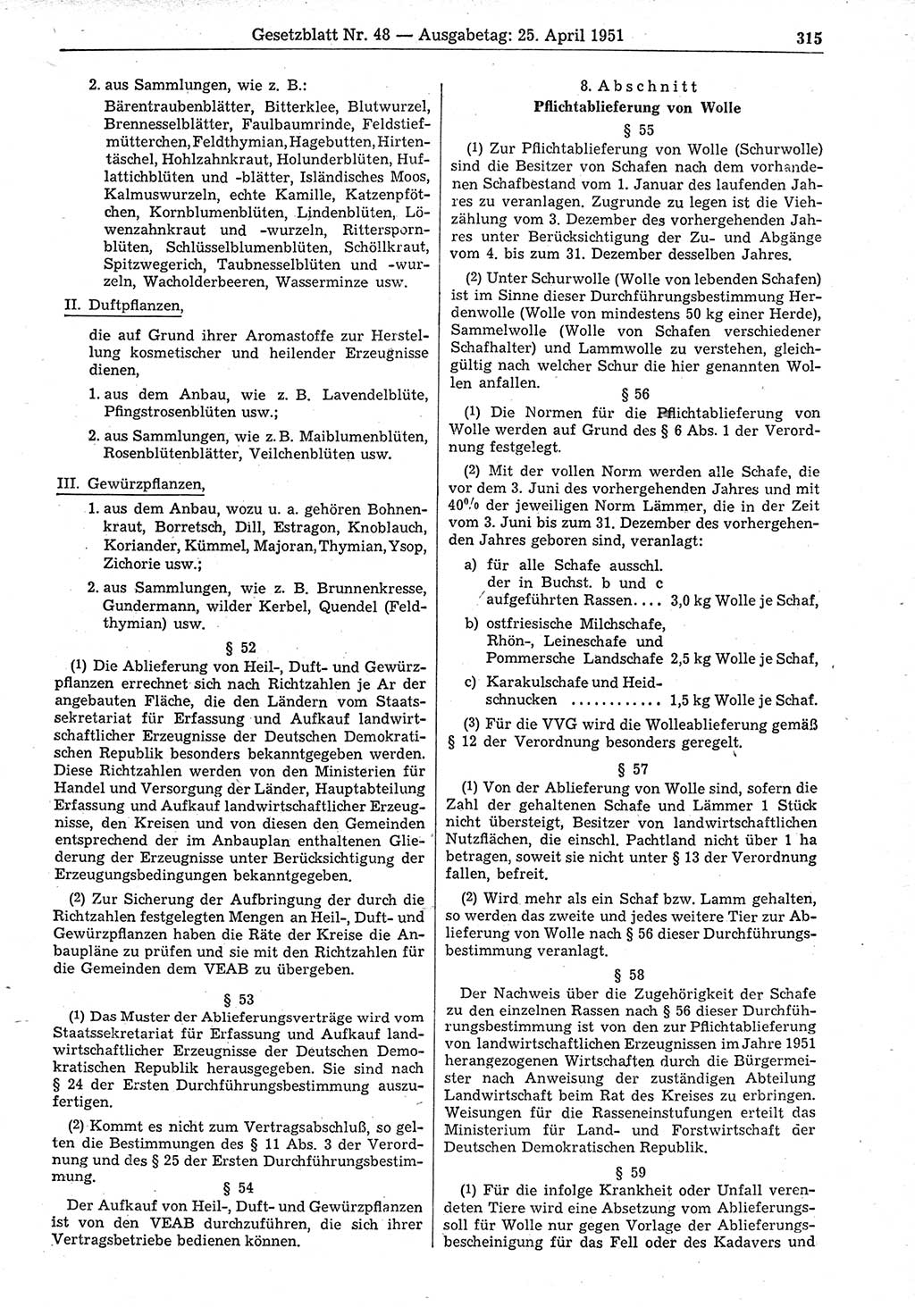 Gesetzblatt (GBl.) der Deutschen Demokratischen Republik (DDR) 1951, Seite 315 (GBl. DDR 1951, S. 315)