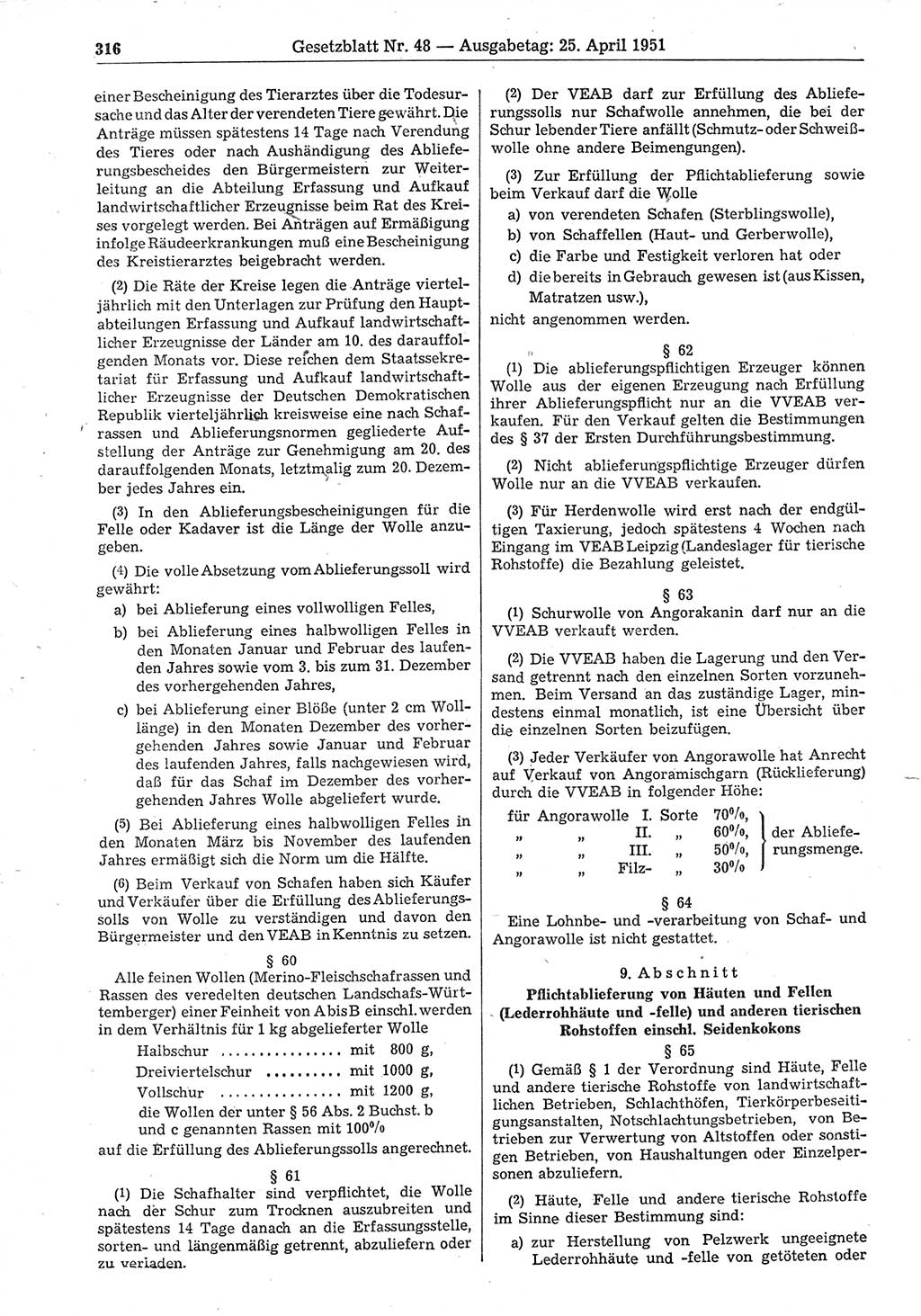 Gesetzblatt (GBl.) der Deutschen Demokratischen Republik (DDR) 1951, Seite 316 (GBl. DDR 1951, S. 316)